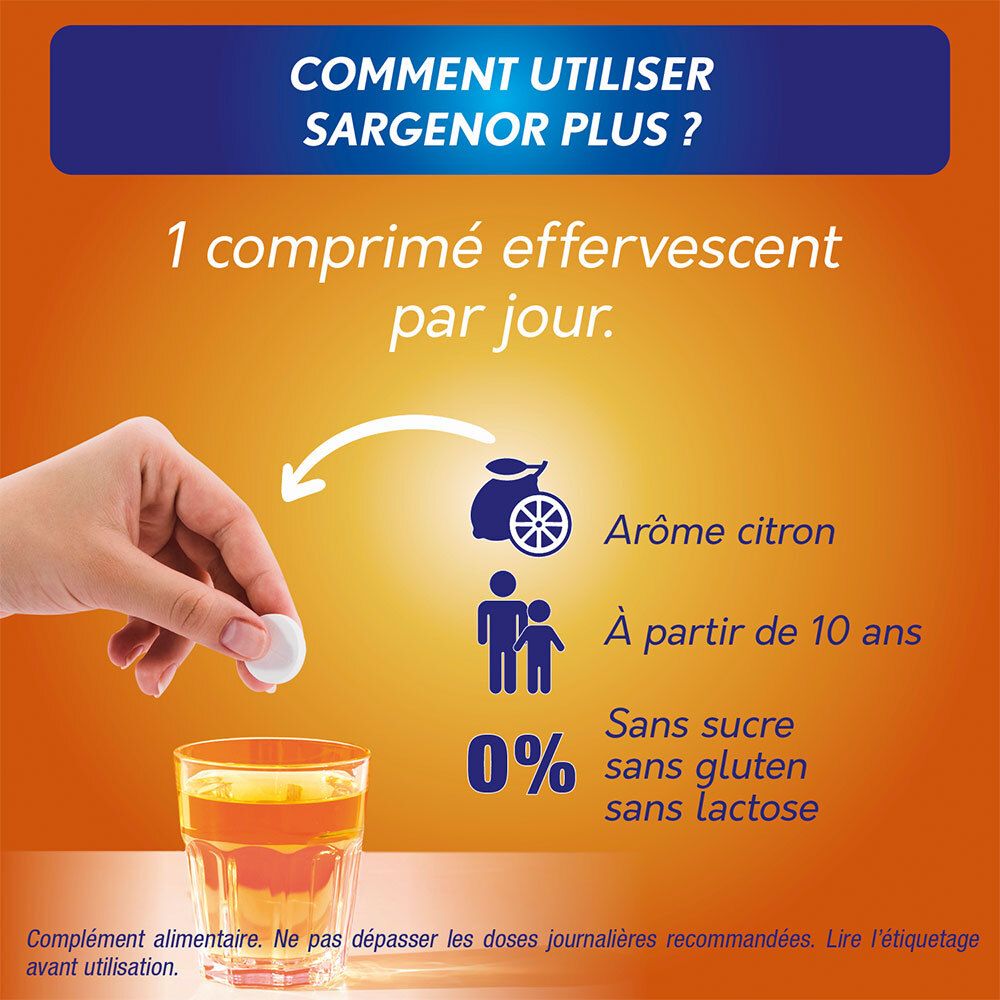 Instructions pour prendre SARGENOR plus: 1 comprimé effervescent par jour. Arôme citron.