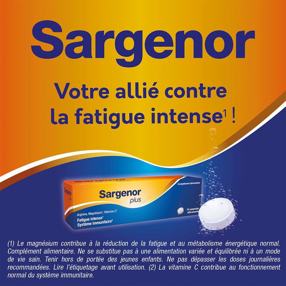 Publicité pour SARGENOR plus. Texte: Votre allié contre la fatigue intense. Boîte.