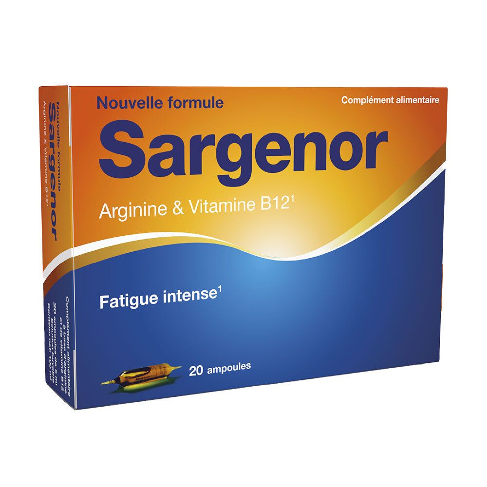 Boîte de SARGENOR, Arginine & Vitamine B12. Emballage bleu et orange. 20 ampoules.