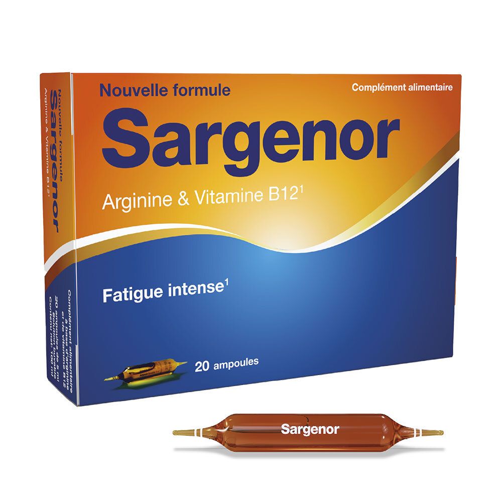 Boîte SARGENOR, Arginine & Vitamine B12. Une ampoule à côté. Liquide orange.