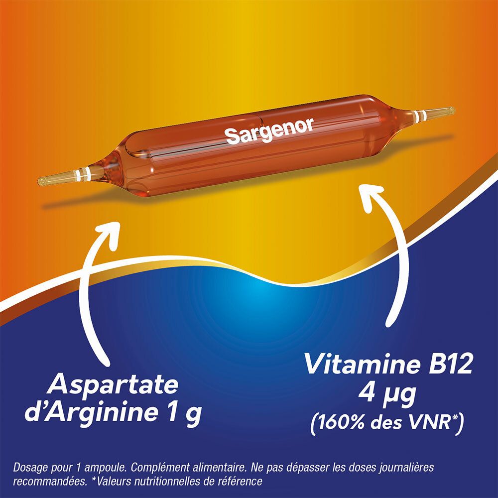 Ampoule SARGENOR. Contient Aspartate d'Arginine 1g et Vitamine B12 4 µg. Fond jaune et bleu.
