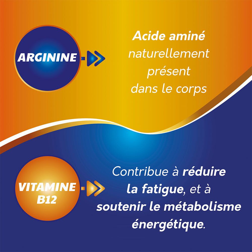Informations sur l'arginine et la vitamine B12. Fond jaune et bleu. Texte en français.