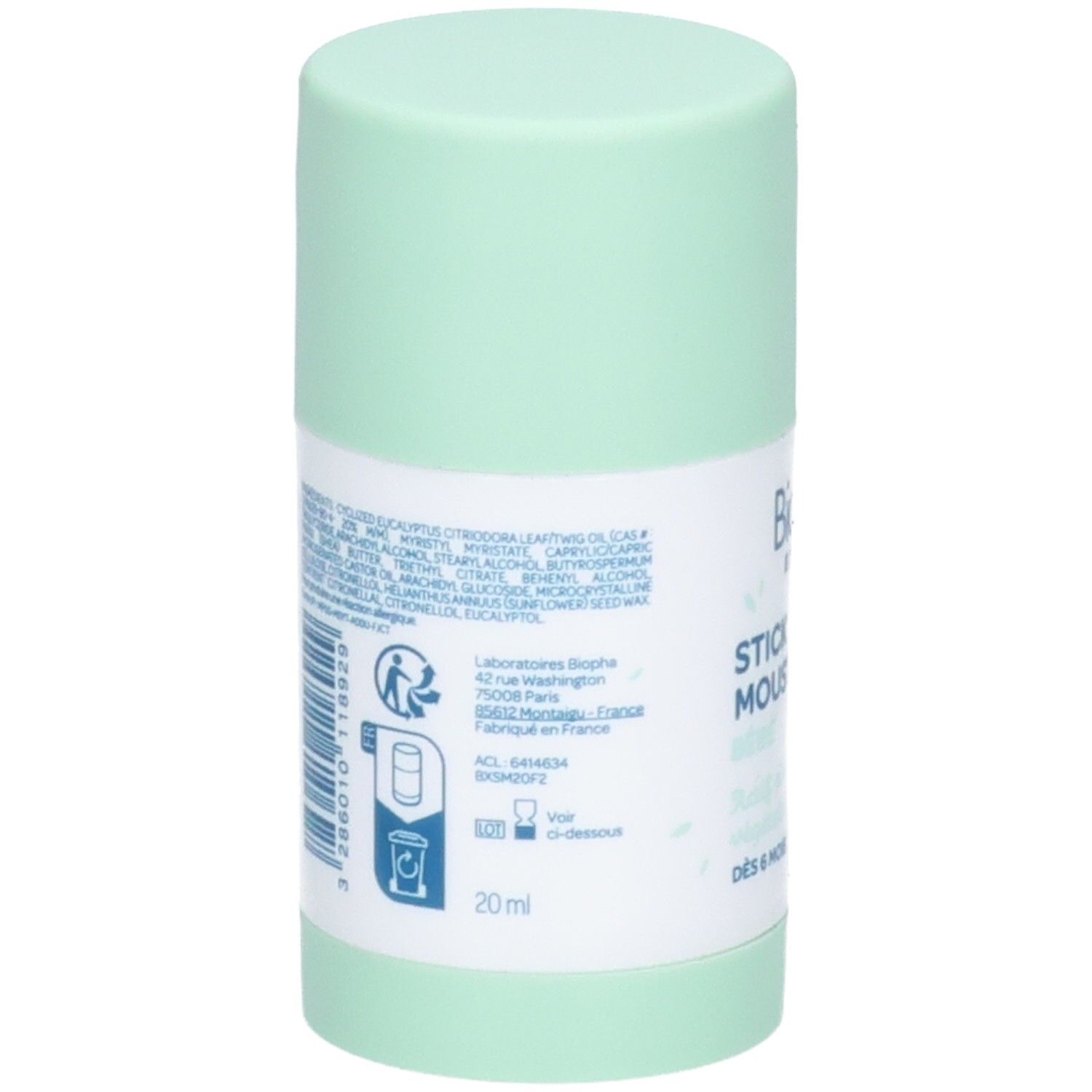 Arrière du Biolane Expert Stick Moustique avec liste des ingrédients et instructions.