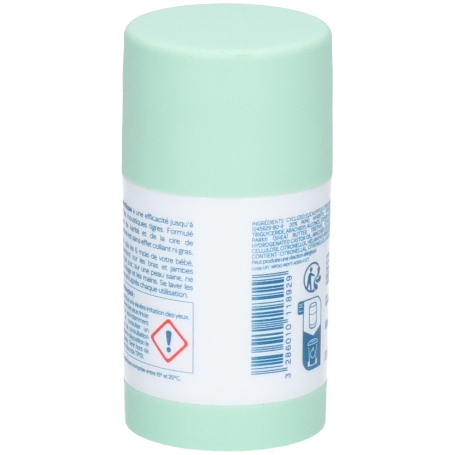 Vue latérale du Biolane Expert Stick Moustique avec avertissements et ingrédients.