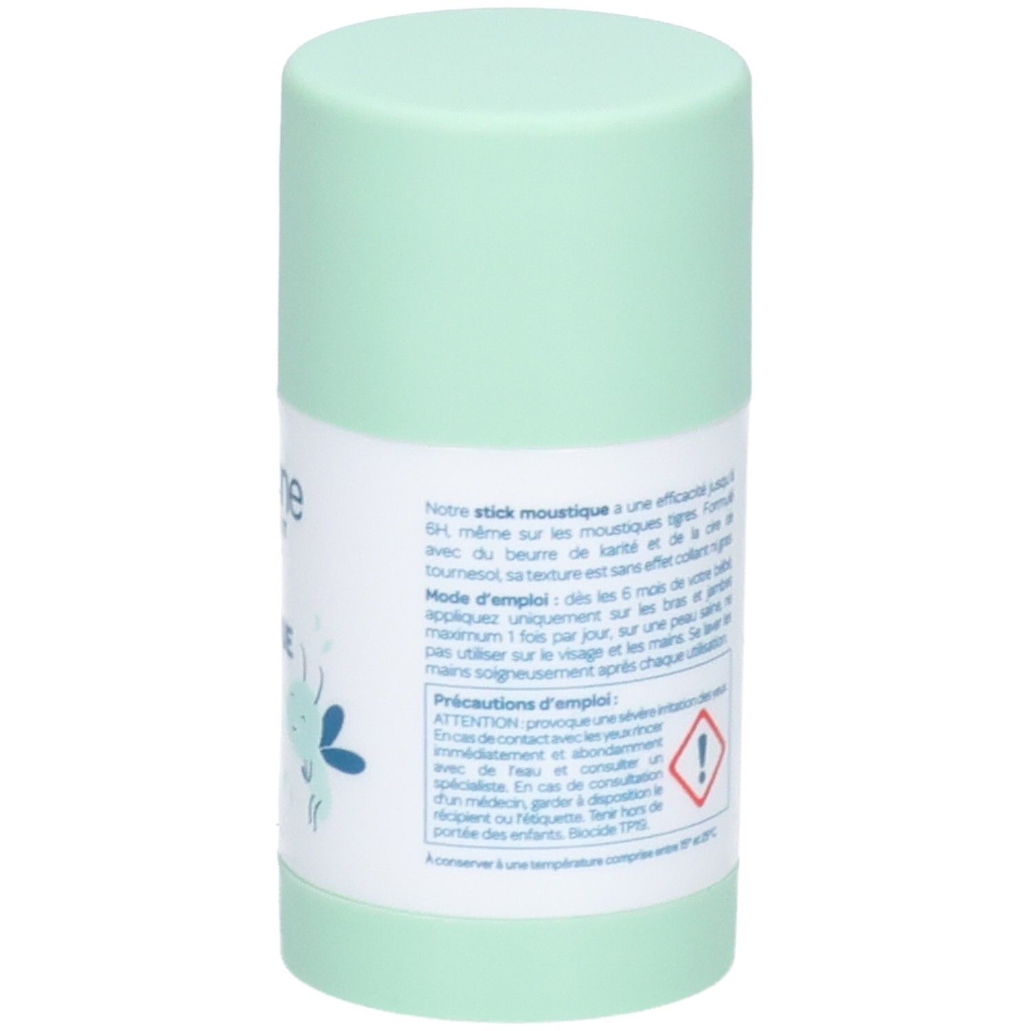 Arrière du Biolane Expert Stick Moustique avec instructions d'utilisation et pictogrammes.