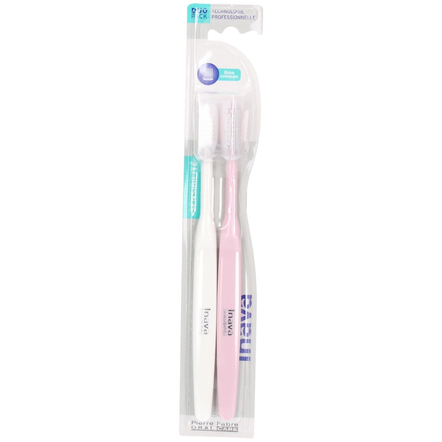 Deux brosses à dents dans un emballage. Une blanche, une rose. Inscription : Inava. Emballage avec suspension.