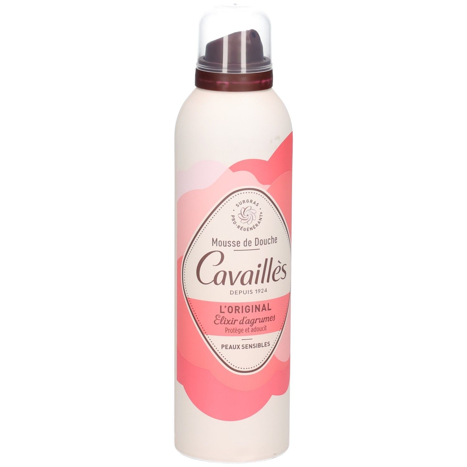 Flacon blanc et rose avec vaporisateur. Inscription: Mousse de Douche, Cavaillès, L'ORIGINAL, Elixir d'agrumes, Peaux sensibles.
