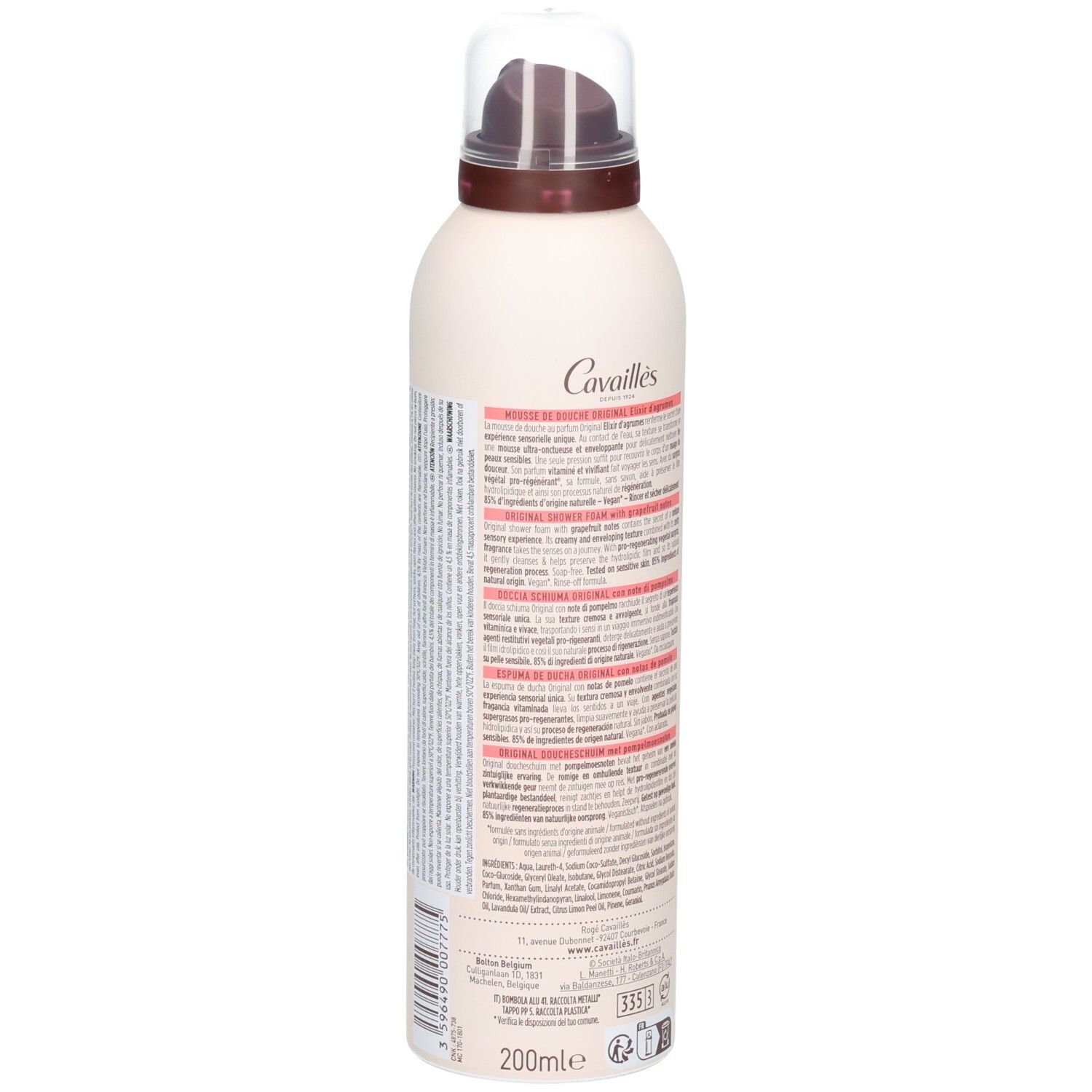 Dos du flacon. Texte en français. 200ml. Informations sur le produit.