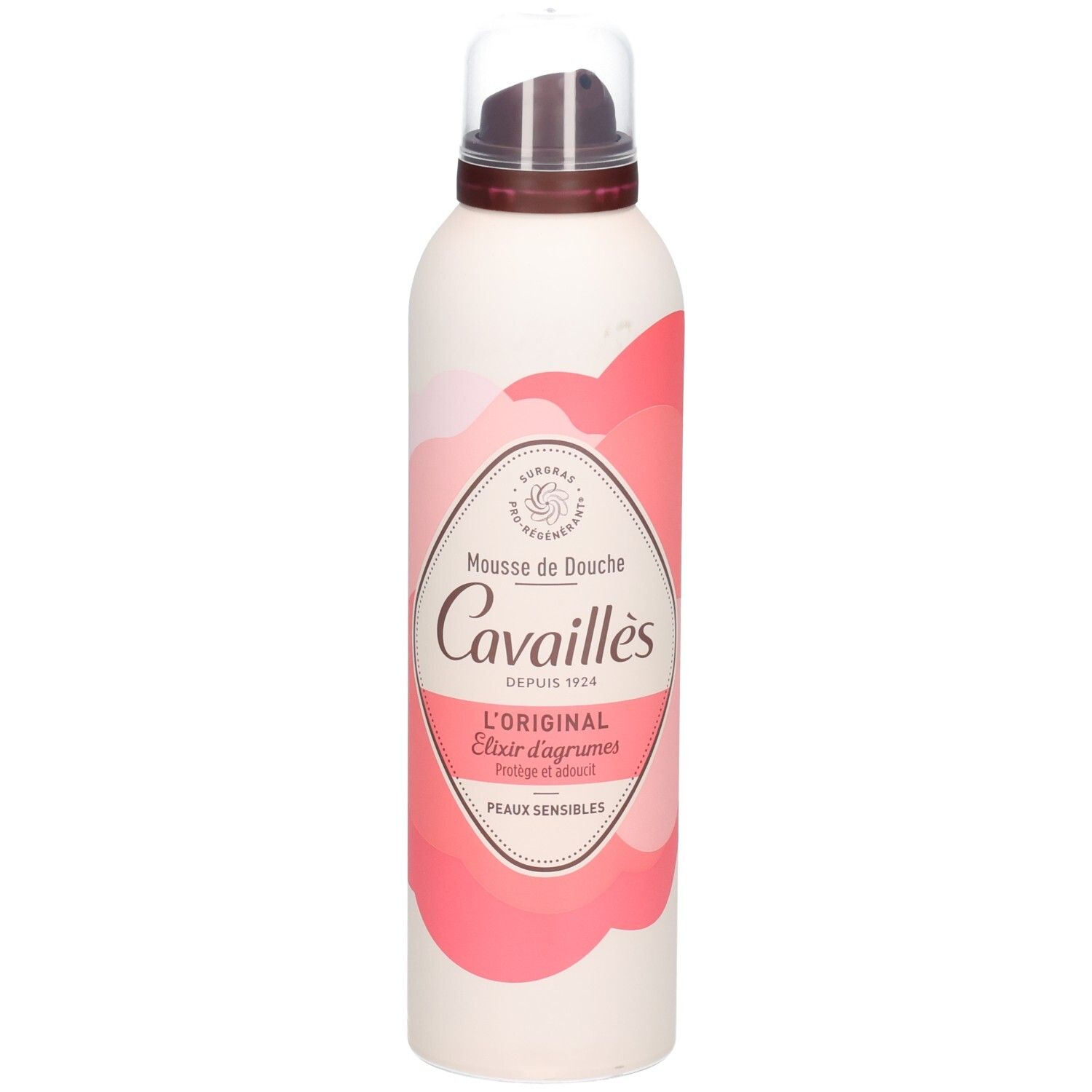 Flacon blanc et rose avec vaporisateur. Inscription: Mousse de Douche, Cavaillès, L'ORIGINAL, Elixir d'agrumes, Peaux sensibles.