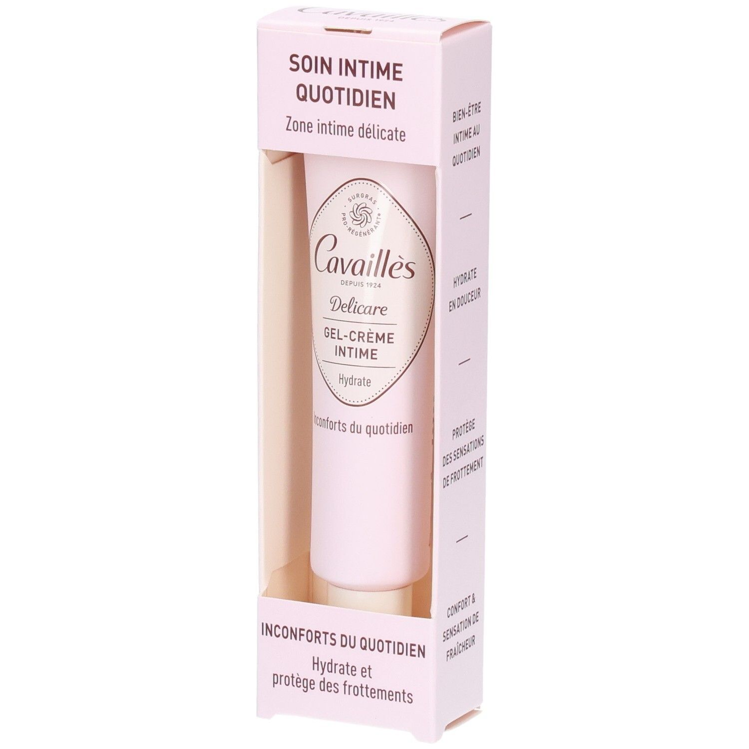 Tube rose dans un emballage. Inscription: Cavaillès, Delicare, Gel-Crème Intime. Texte: Inconforts du quotidien, Hydrate.