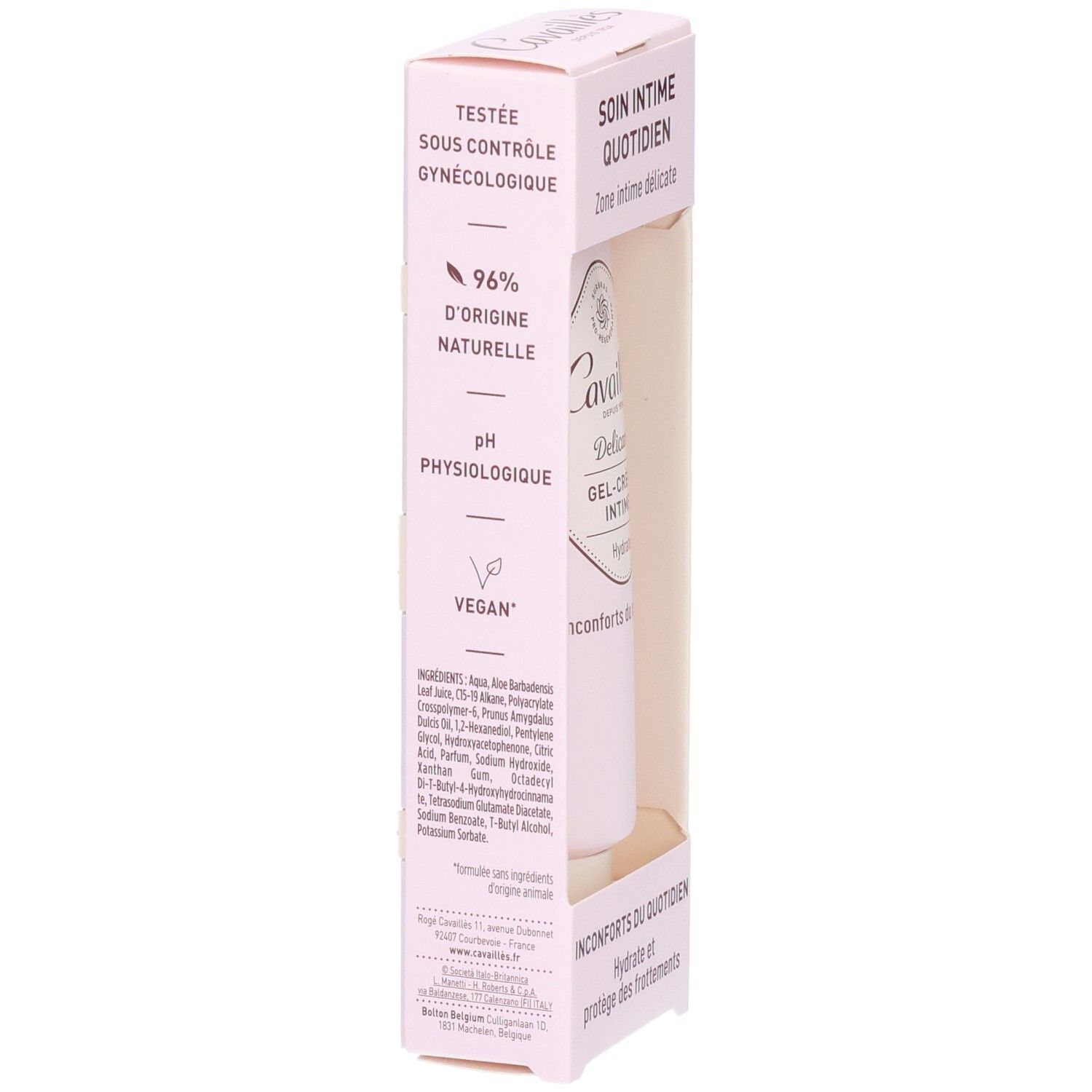 Emballage rose avec texte. Inscription: Cavaillès, Delicare, Gel-Crème Intime. Texte: 96% d'origine naturelle, Vegan.