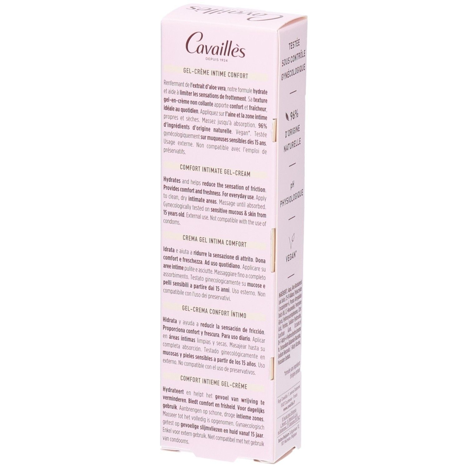 Emballage rose avec texte. Inscription: Cavaillès, Gel-Crème Intime Confort. Texte en français, anglais, italien, néerlandais.