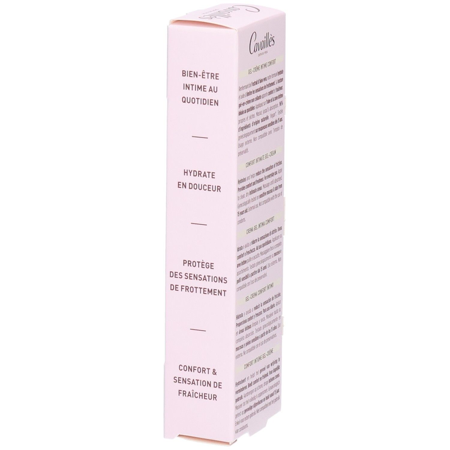 Emballage rose avec texte. Inscription: Bien-être intime au quotidien, Hydrate en douceur, Protège des sensations.