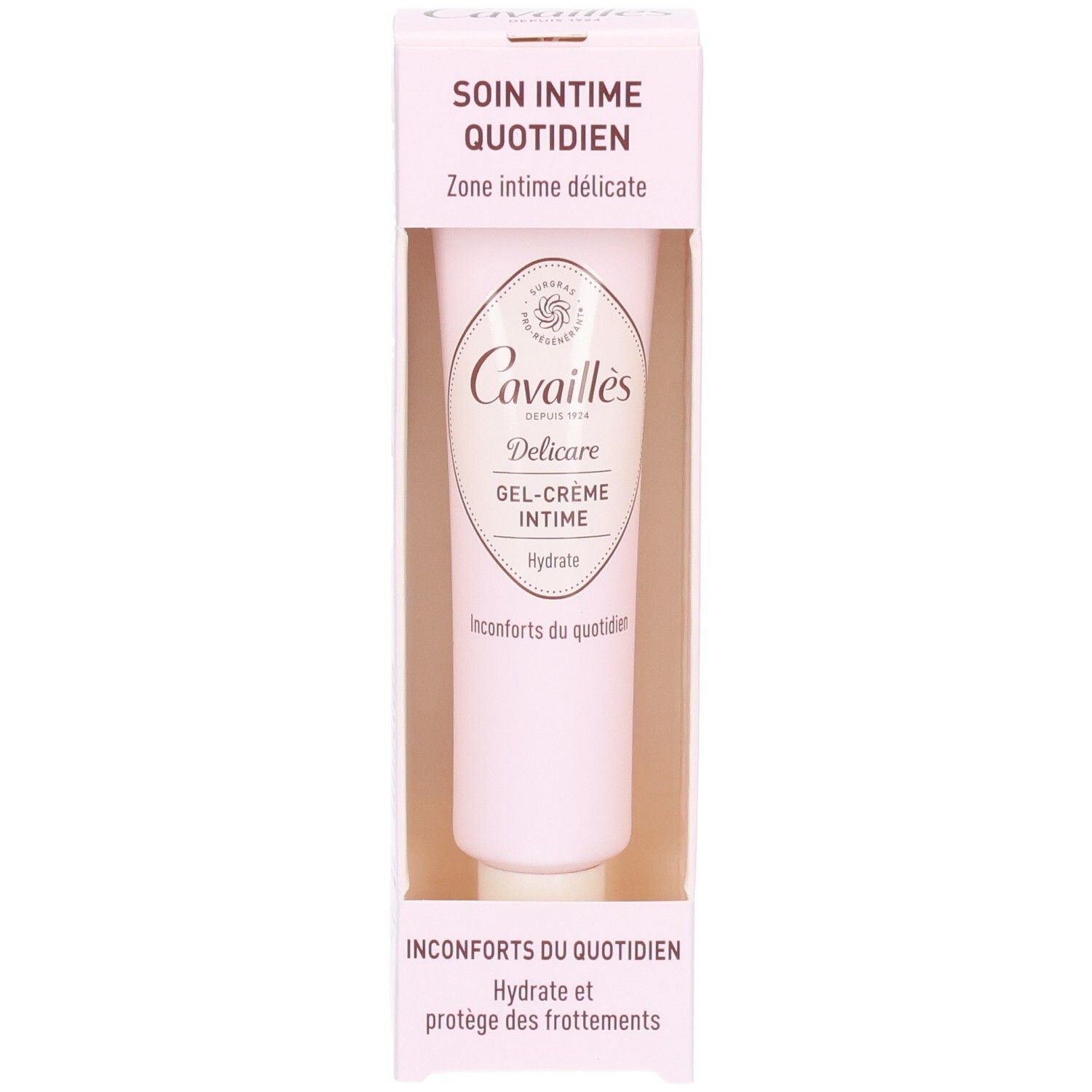 Tube rose dans un emballage. Inscription: Cavaillès, Delicare, Gel-Crème Intime. Texte: Inconforts du quotidien, Hydrate et protège.