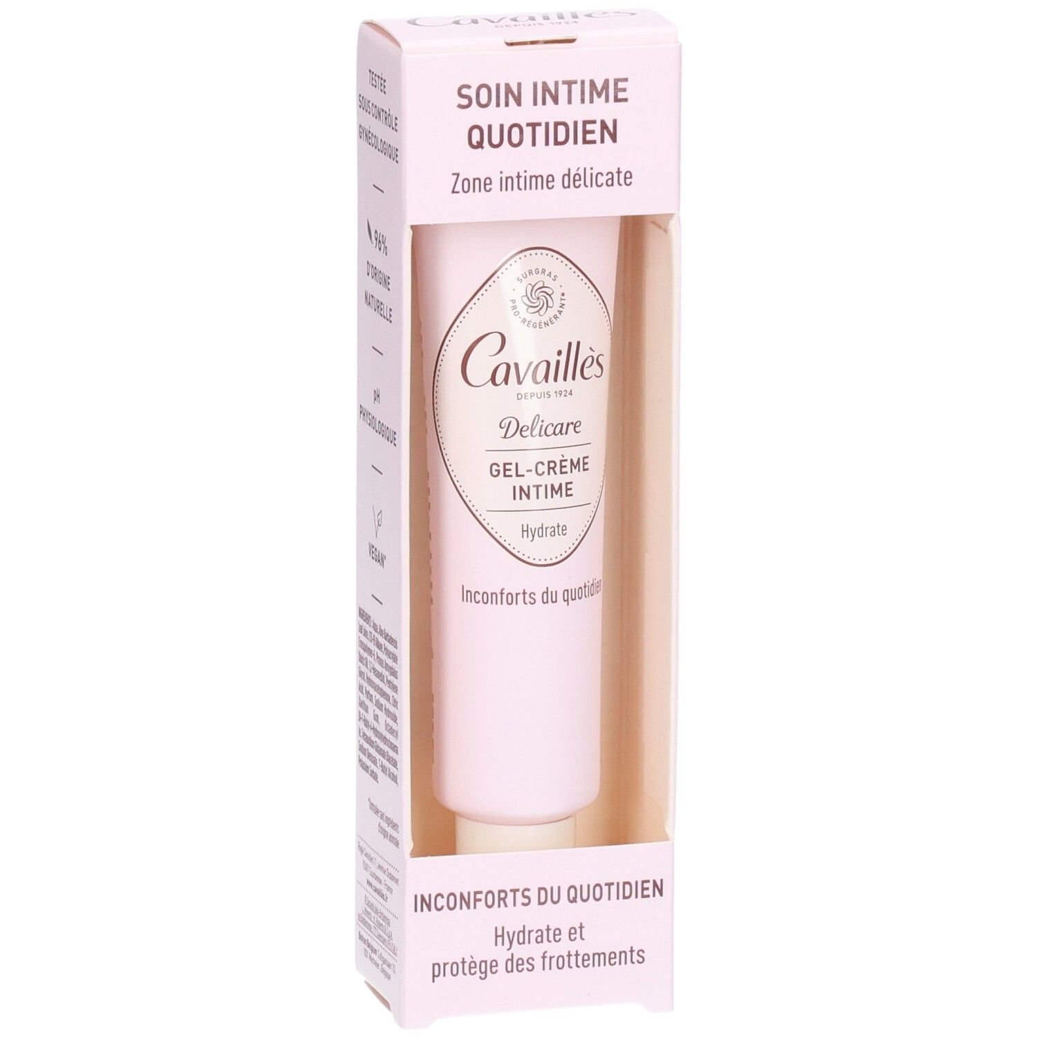 Tube rose dans un emballage. Inscription: Cavaillès, Delicare, Gel-Crème Intime. Texte: Inconforts du quotidien, Hydrate et protège.