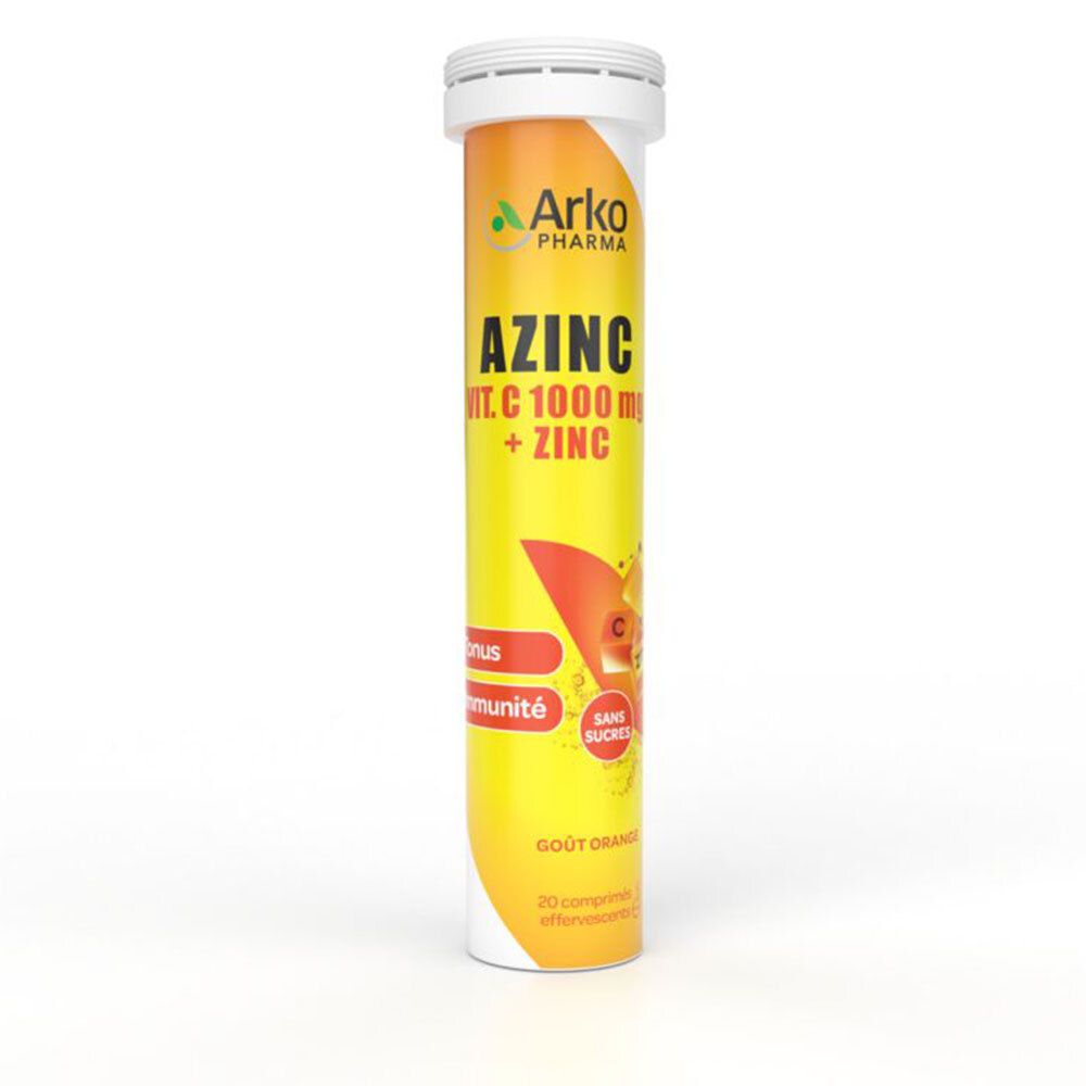 Tube cylindrique Azinc, jaune-orange. Contient 20 comprimés effervescents Vitamine C et Zinc. Marque: Arkopharma.