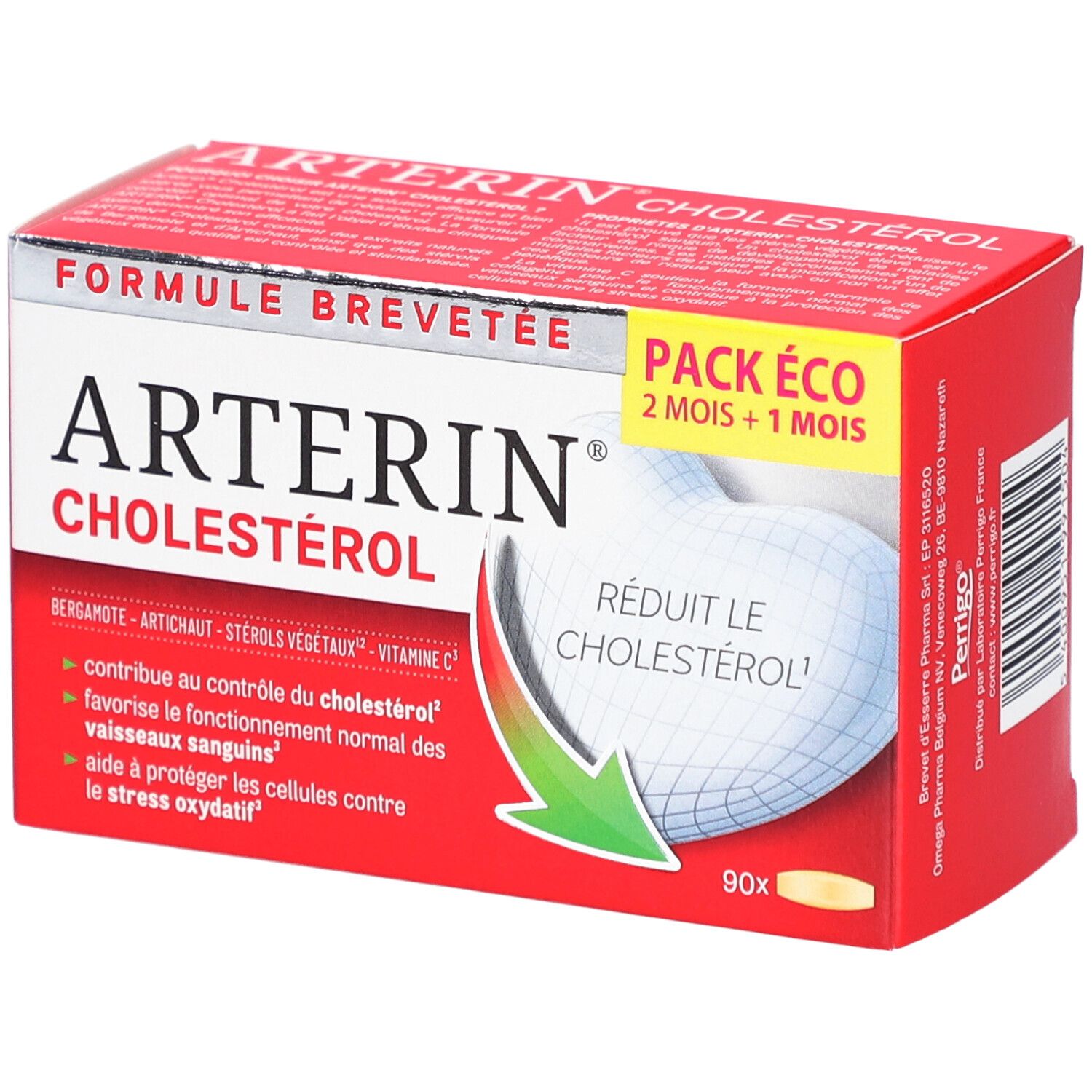 Boîte rouge "ARTERIN CHOLESTEROL". Contient 90 comprimés. Inscription "PACK ÉCO".