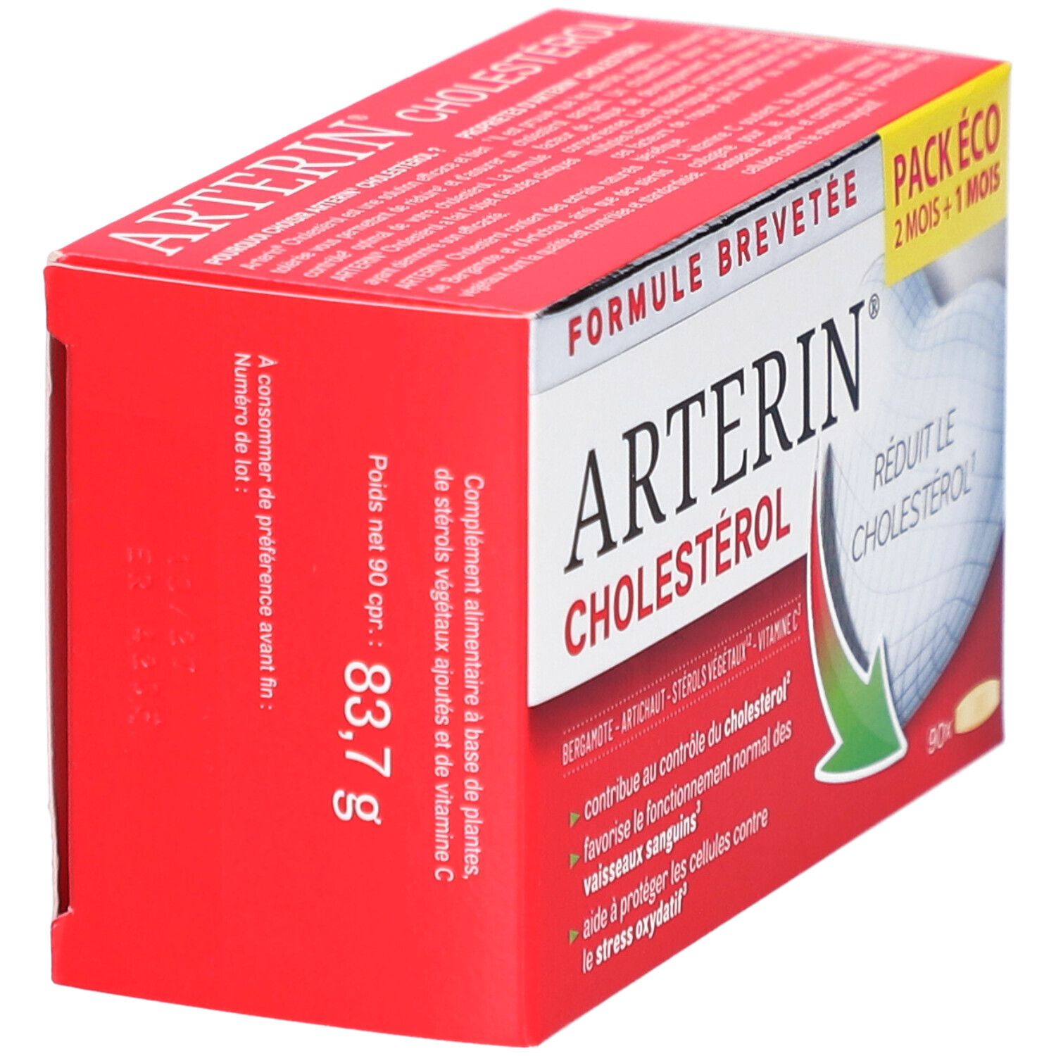 Boîte rouge "ARTERIN CHOLESTEROL". Contient 90 comprimés. Poids : 83,7 g. Texte en français.