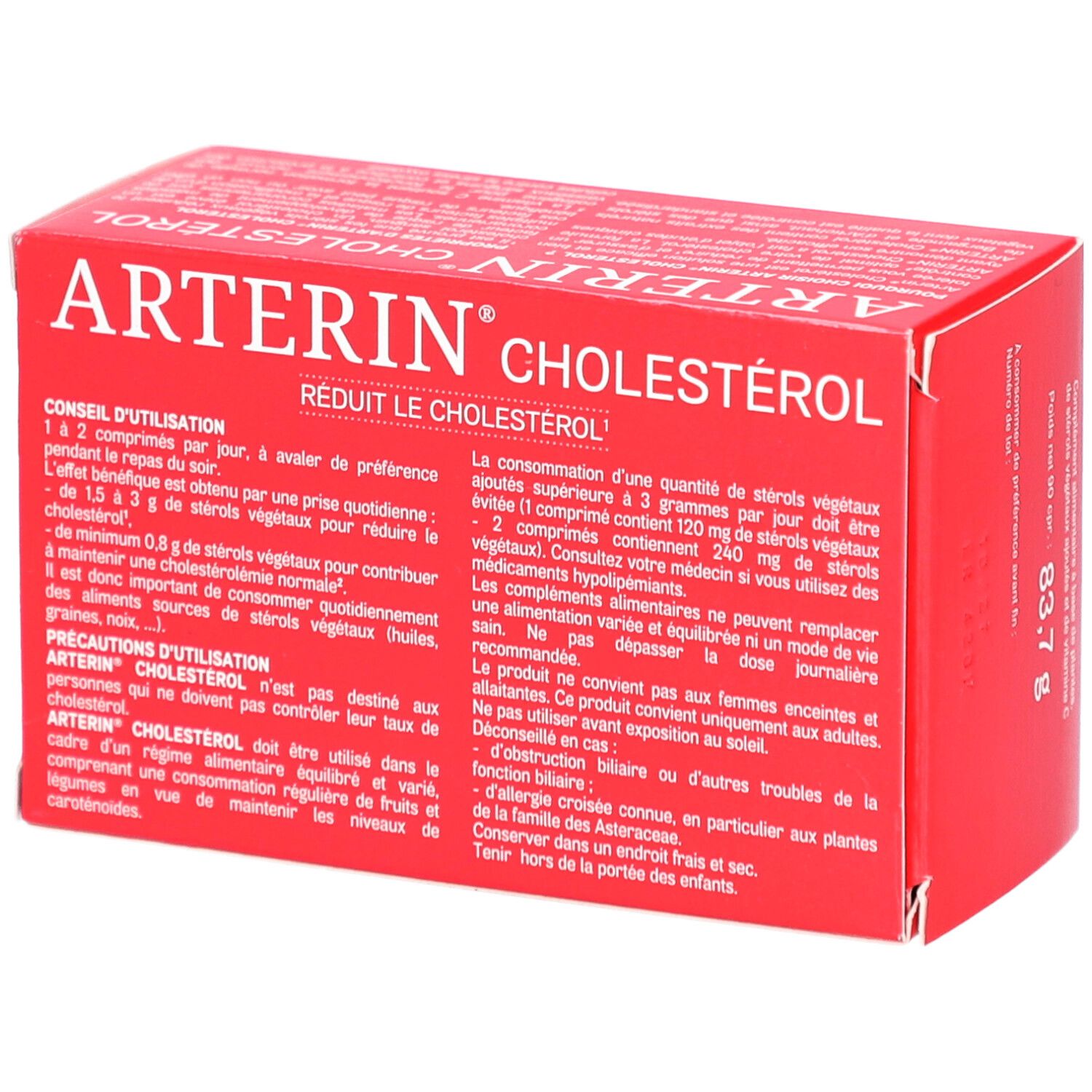 Boîte rouge "ARTERIN CHOLESTEROL". Texte en français. Contient 90 comprimés. Vue arrière.
