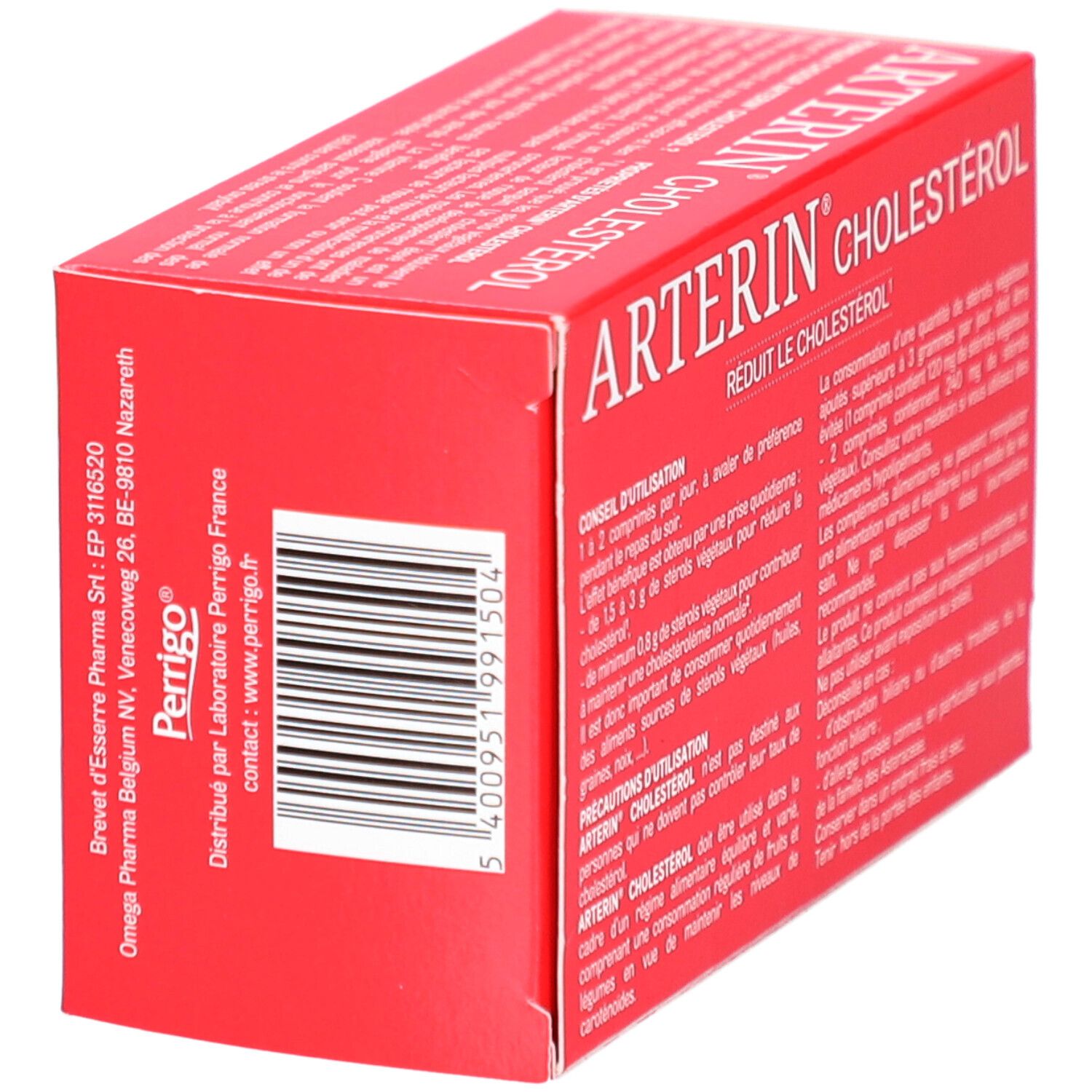 Boîte rouge "ARTERIN CHOLESTEROL". Code-barres et texte en français. Informations fabricant.