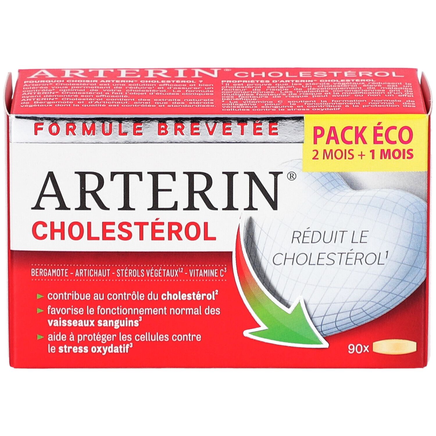 Boîte rouge "ARTERIN CHOLESTEROL". Contient 90 comprimés. Inscription "PACK ÉCO".