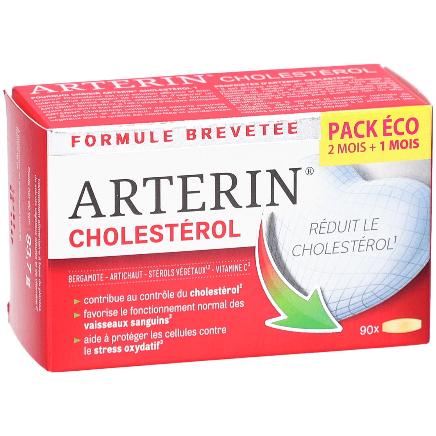 Boîte rouge "ARTERIN CHOLESTEROL". Contient 90 comprimés. Inscription "PACK ÉCO". Vue de face.