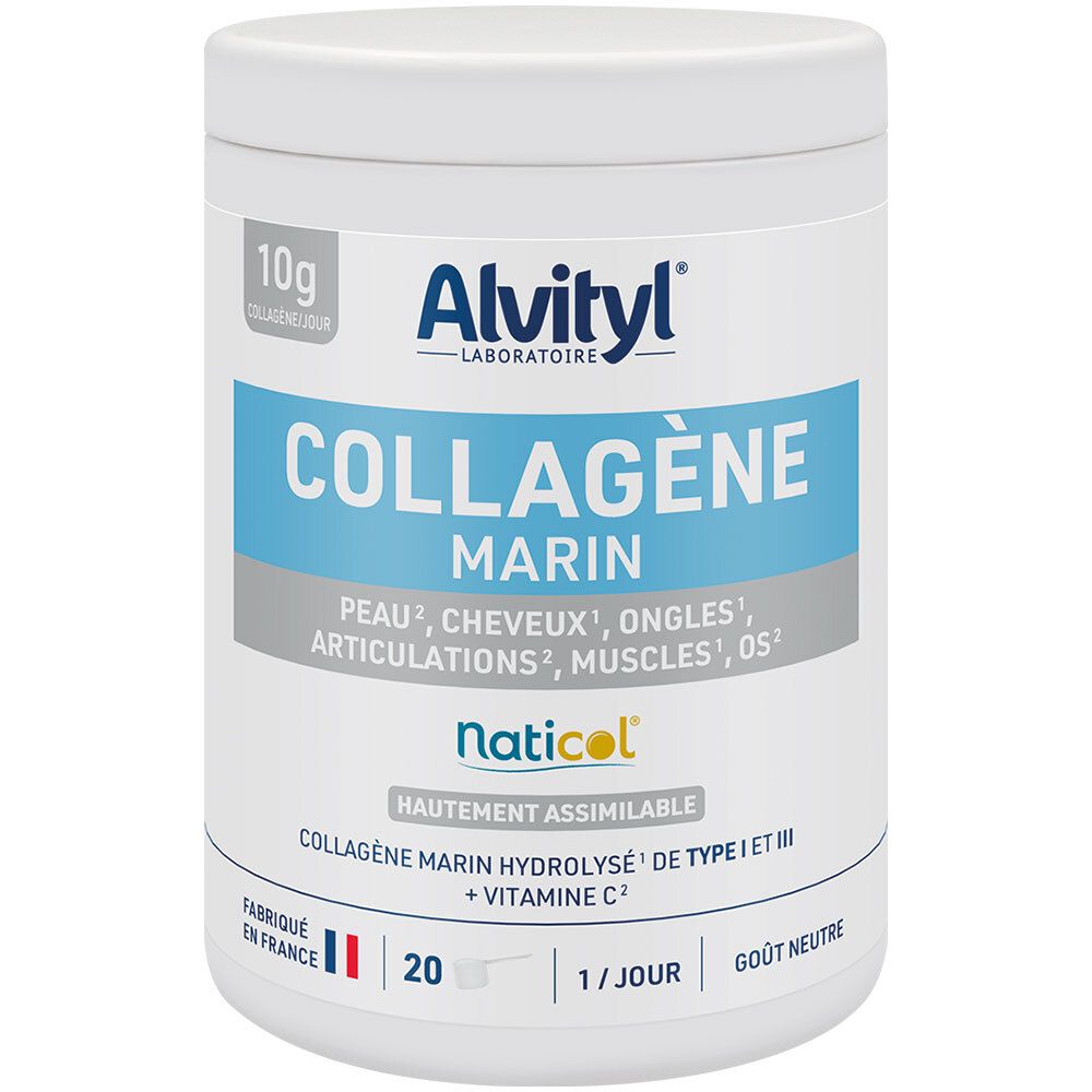 Pot blanc Alvityl Collagène Marin. Texte: Collagène Marin, peau, cheveux, ongles, articulations, muscles, os. Fabriqué en France.