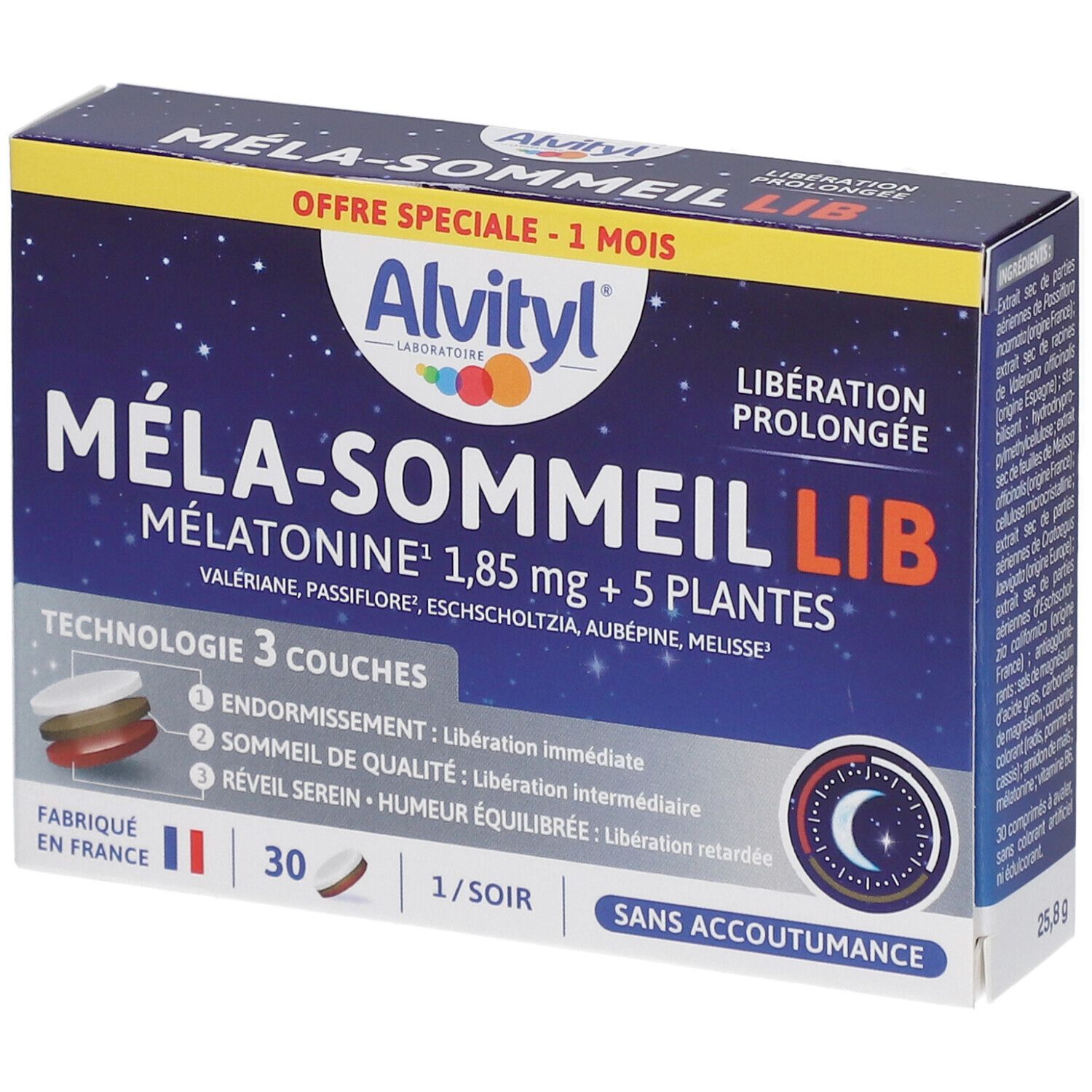 Boîte Alvityl Méla-Sommeil Lib. Emballage bleu avec nom et ingrédients. 30 comprimés, 1 par soir. Libération prolongée.