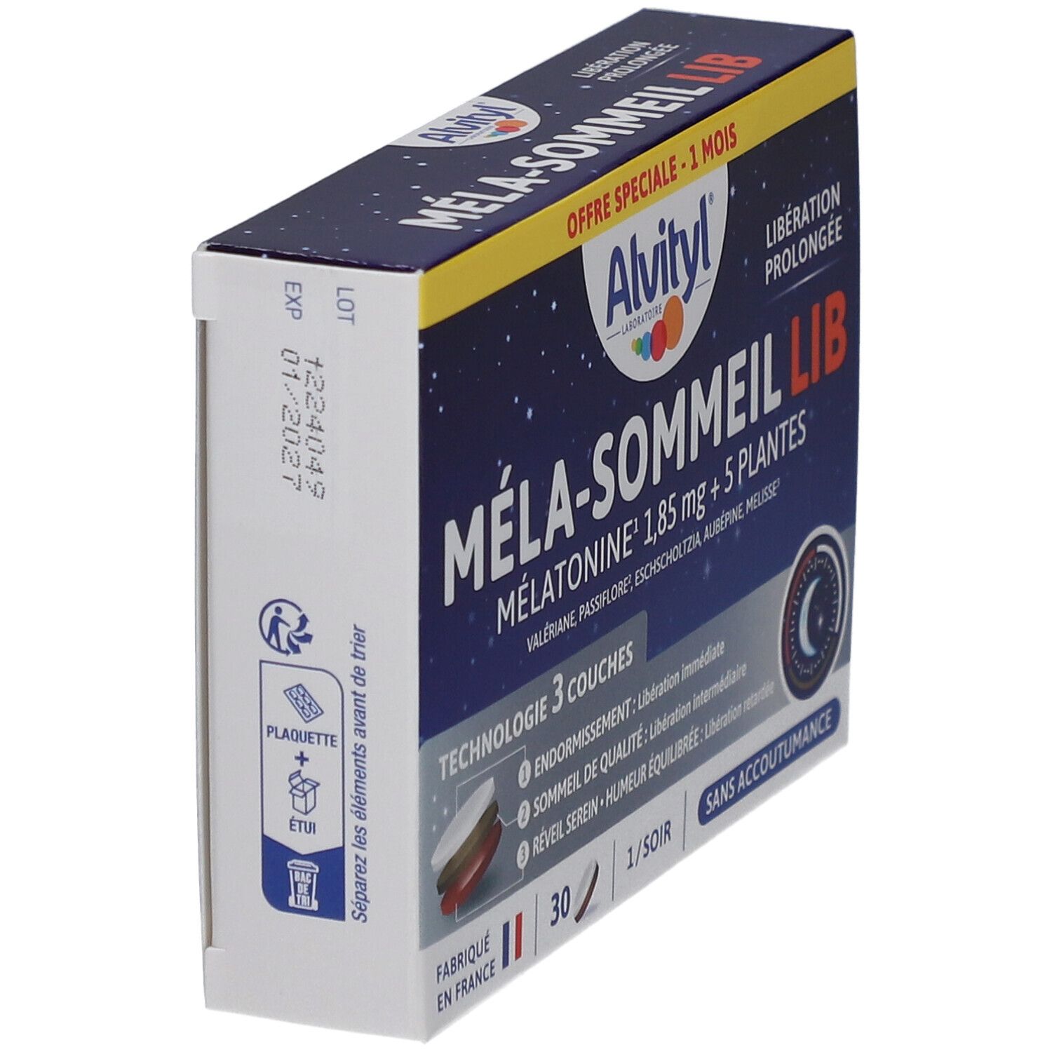 Boîte Alvityl Méla-Sommeil Lib, vue latérale. Nom, ingrédients et date de péremption visibles. Libération prolongée.