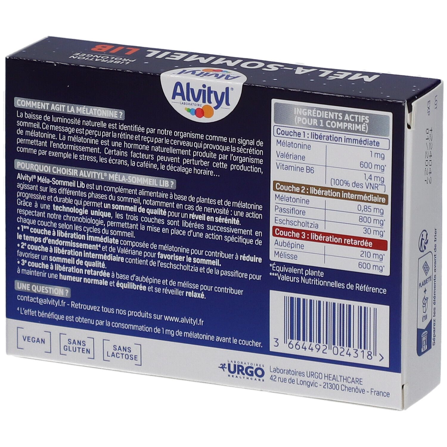 Dos de la boîte Alvityl Méla-Sommeil Lib. Informations sur les ingrédients et l'utilisation. Vegan, sans gluten, sans lactose.