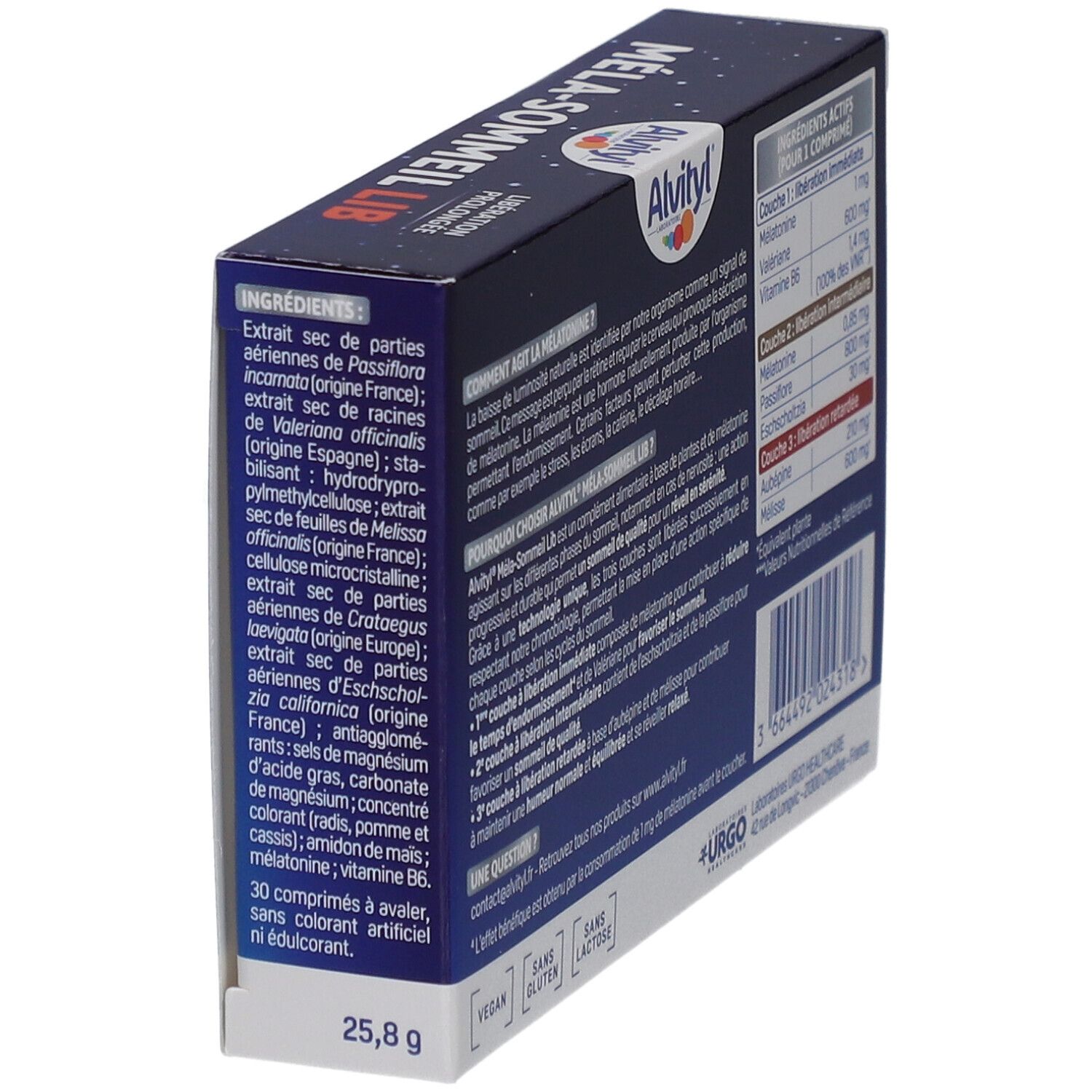 Boîte Alvityl Méla-Sommeil Lib, vue détaillée. Ingrédients et informations nutritionnelles. Vegan, sans gluten, sans lactose.