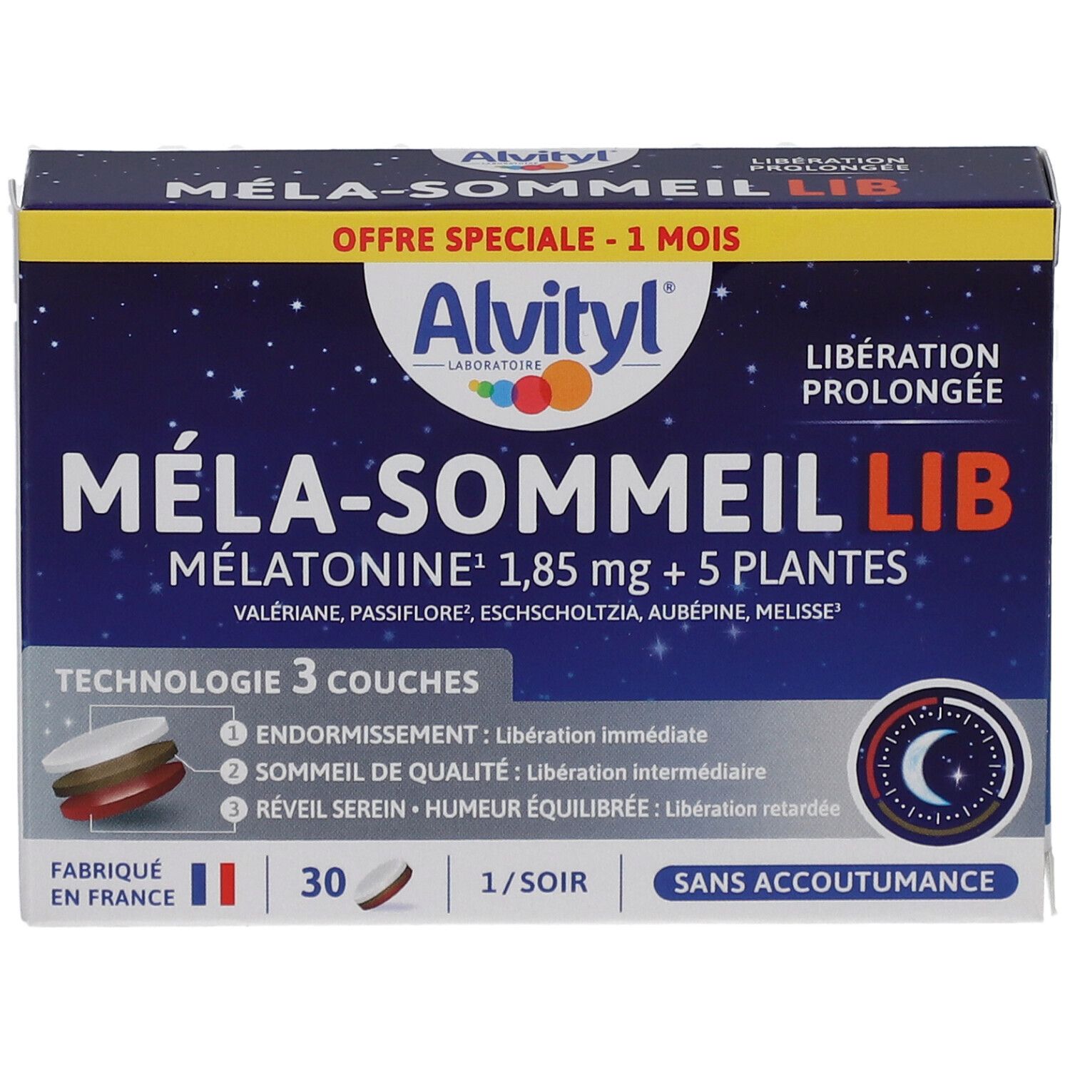 Boîte Alvityl Méla-Sommeil Lib. Emballage bleu avec nom et ingrédients. 30 comprimés, 1 par soir. Libération prolongée.