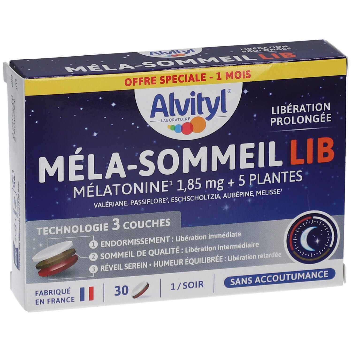 Boîte Alvityl Méla-Sommeil Lib. Emballage bleu avec nom et ingrédients. 30 comprimés, 1 par soir. Libération prolongée.