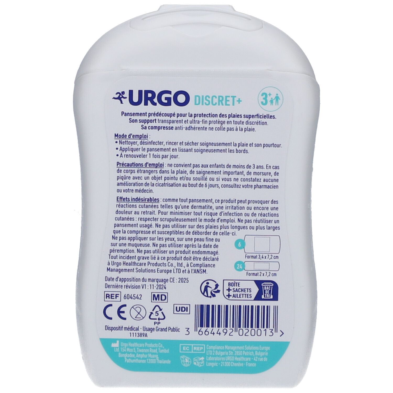 Dos de la boîte URGO DISCRET+. Informations textuelles, mode d'emploi, coordonnées du fabricant et marquage CE.