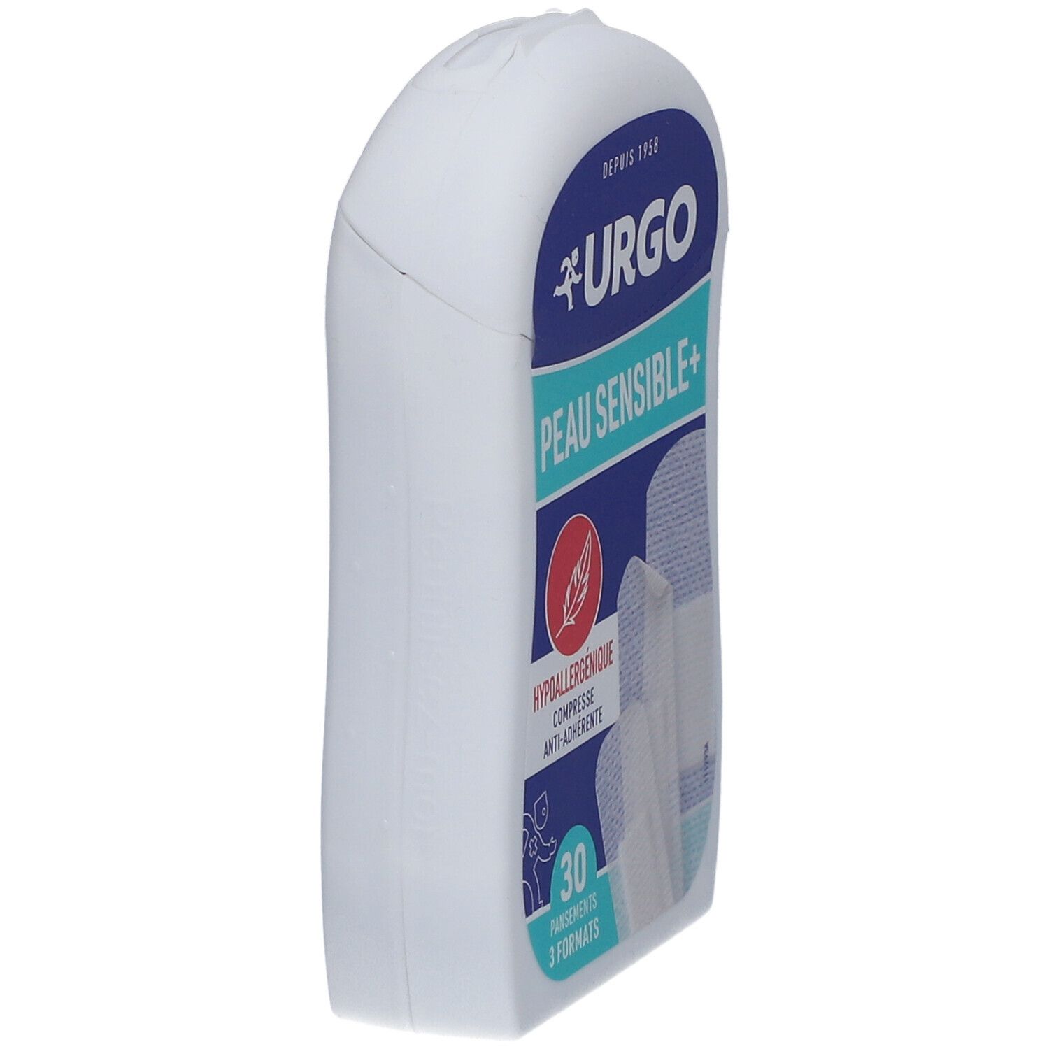Emballage blanc URGO PEAU SENSIBLE+. Vue latérale. Contient 30 pansements. Hypoallergénique, compresse non adhérente.