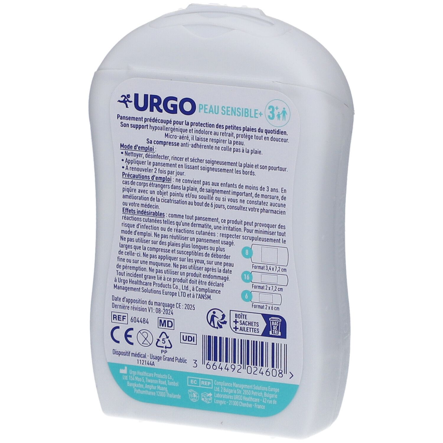 Dos de l'emballage blanc URGO PEAU SENSIBLE+. Informations textuelles, ingrédients, mode d'emploi et coordonnées du fabricant.