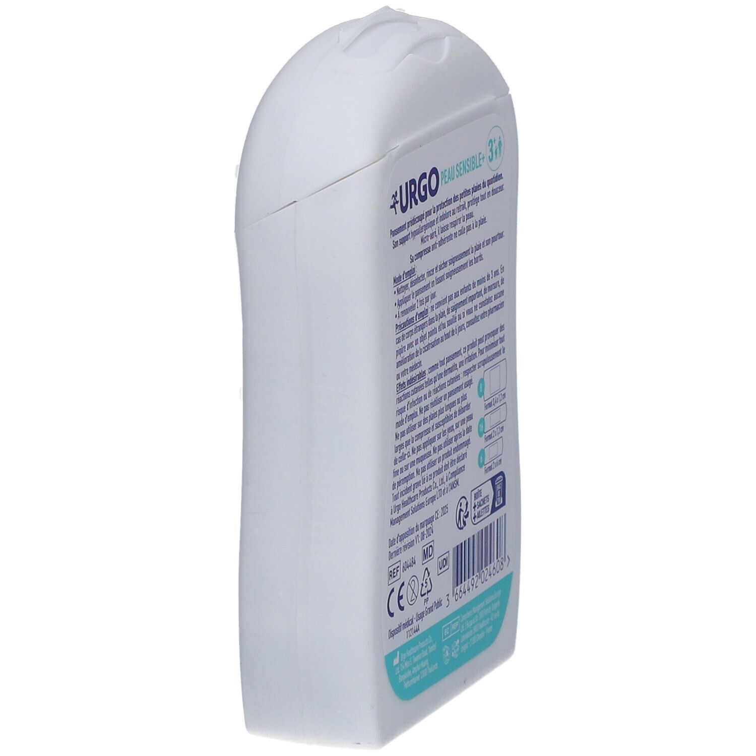 Vue latérale de l'emballage blanc URGO PEAU SENSIBLE+. Informations textuelles et coordonnées du fabricant.