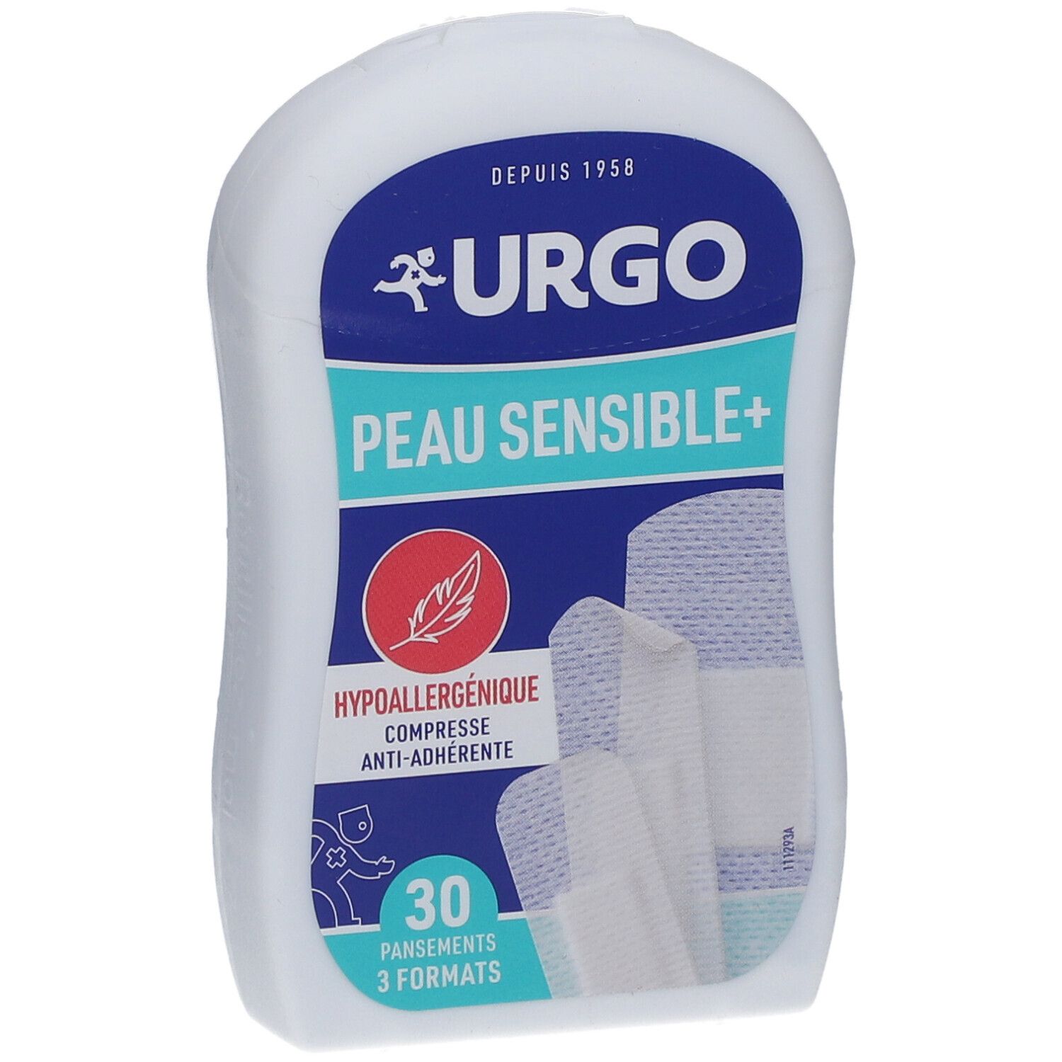 Emballage blanc URGO PEAU SENSIBLE+. Contient 30 pansements, 3 formats. Hypoallergénique, compresse anti-adhérente.