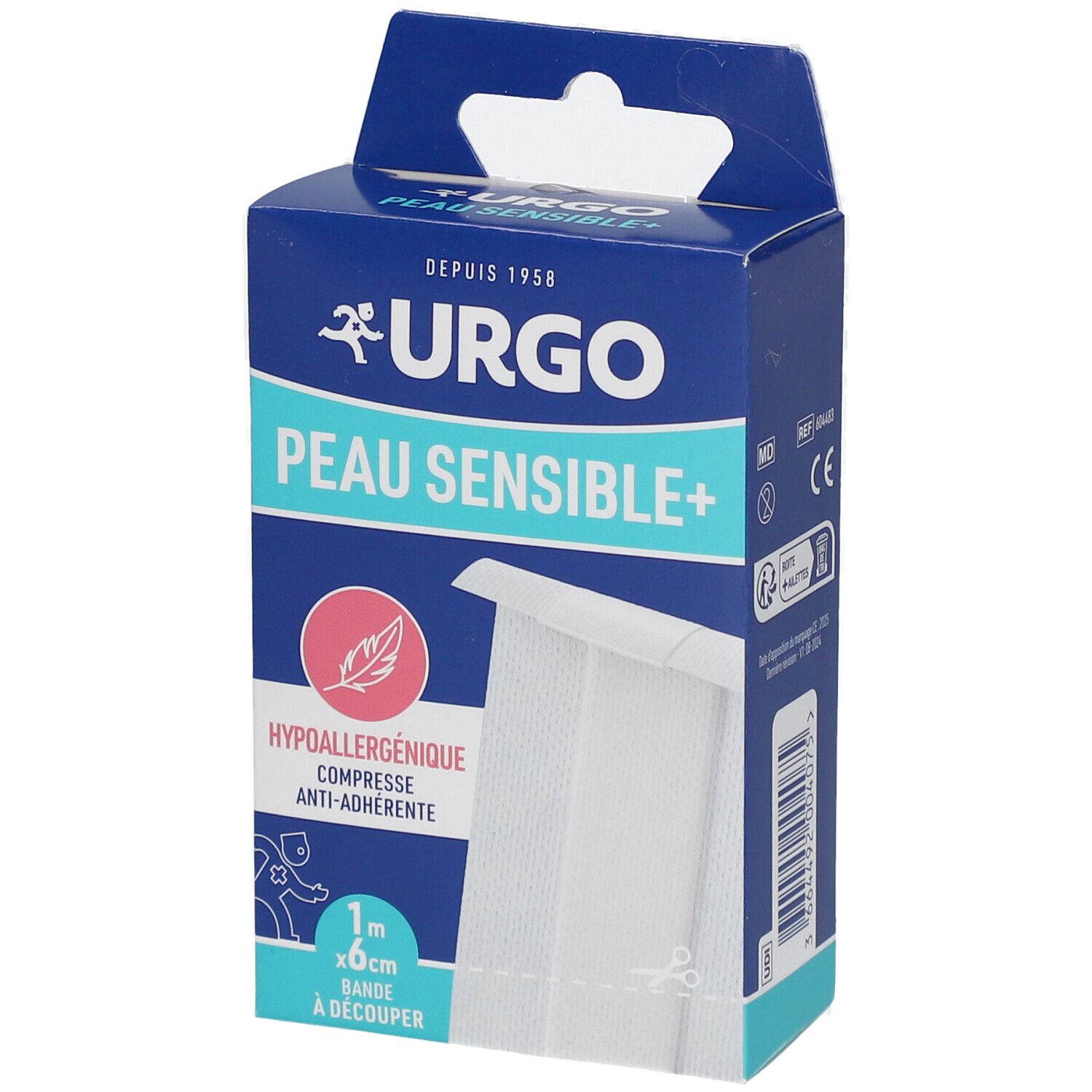 Boîte bleue et blanche. URGO, PEAU SENSIBLE+. Compresse anti-adhérente, hypoallergénique. 1m x 6cm. Bande à découper.