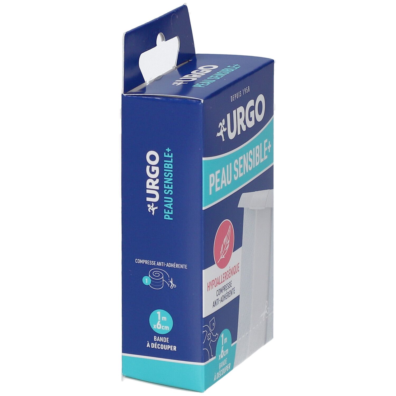 Boîte bleue. URGO, PEAU SENSIBLE+. Compresse anti-adhérente. 1m x 6cm. Bande à découper. Emballage avec crochet.