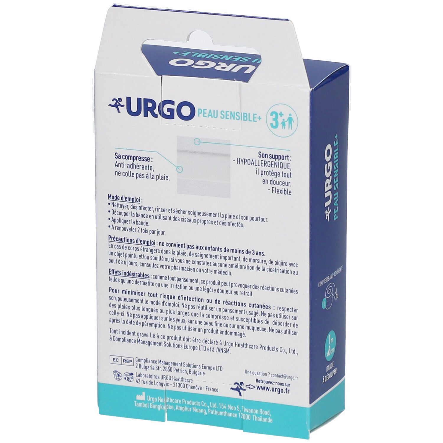 Dos de la boîte. URGO, PEAU SENSIBLE+. Texte informatif. Marquage CE. Instructions d'utilisation.