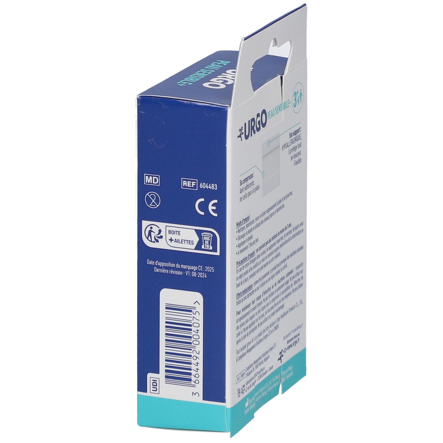 Vue latérale de la boîte. URGO, PEAU SENSIBLE+. Marquage CE. Informations. Boîte avec comprimés.