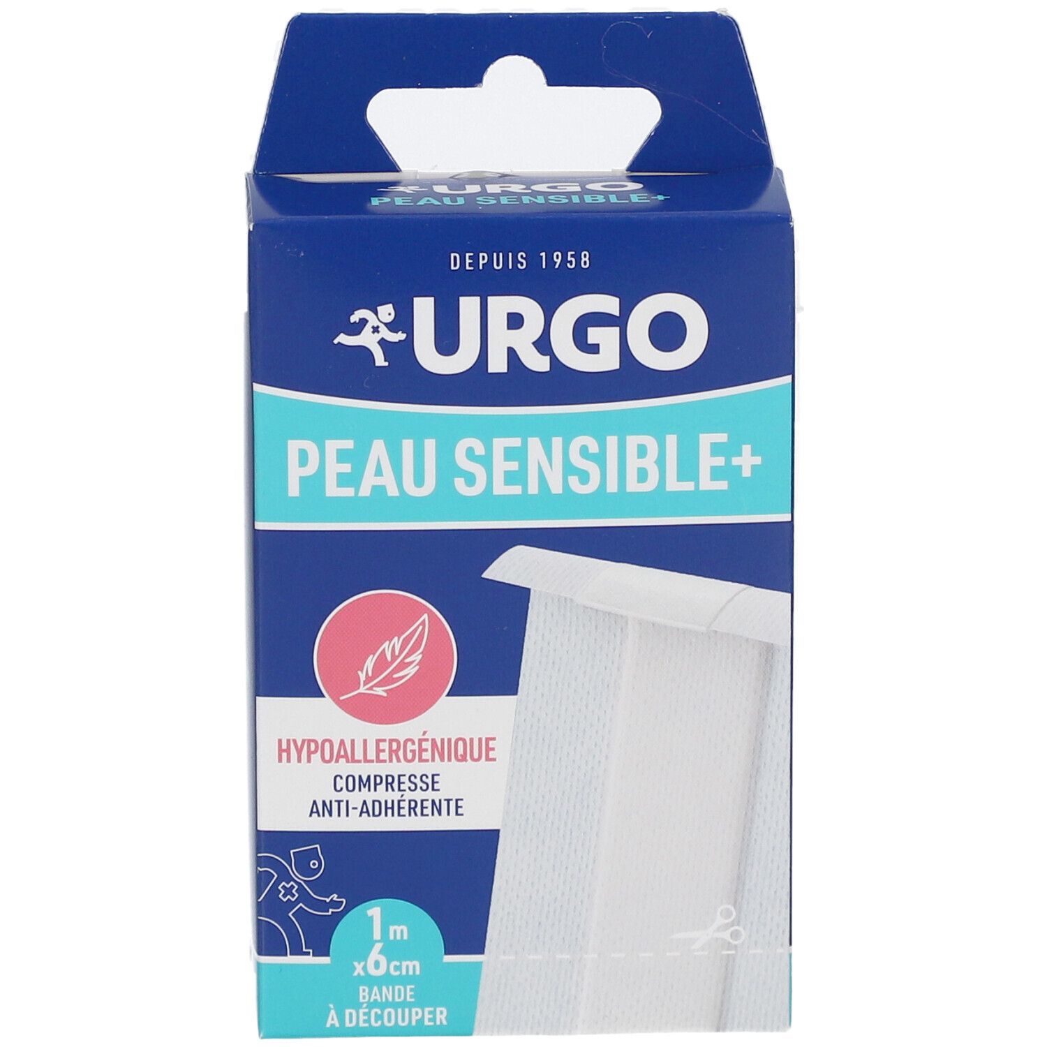 Boîte bleue. URGO, PEAU SENSIBLE+. Compresse anti-adhérente, hypoallergénique. 1m x 6cm. Bande à découper. Vue produit.