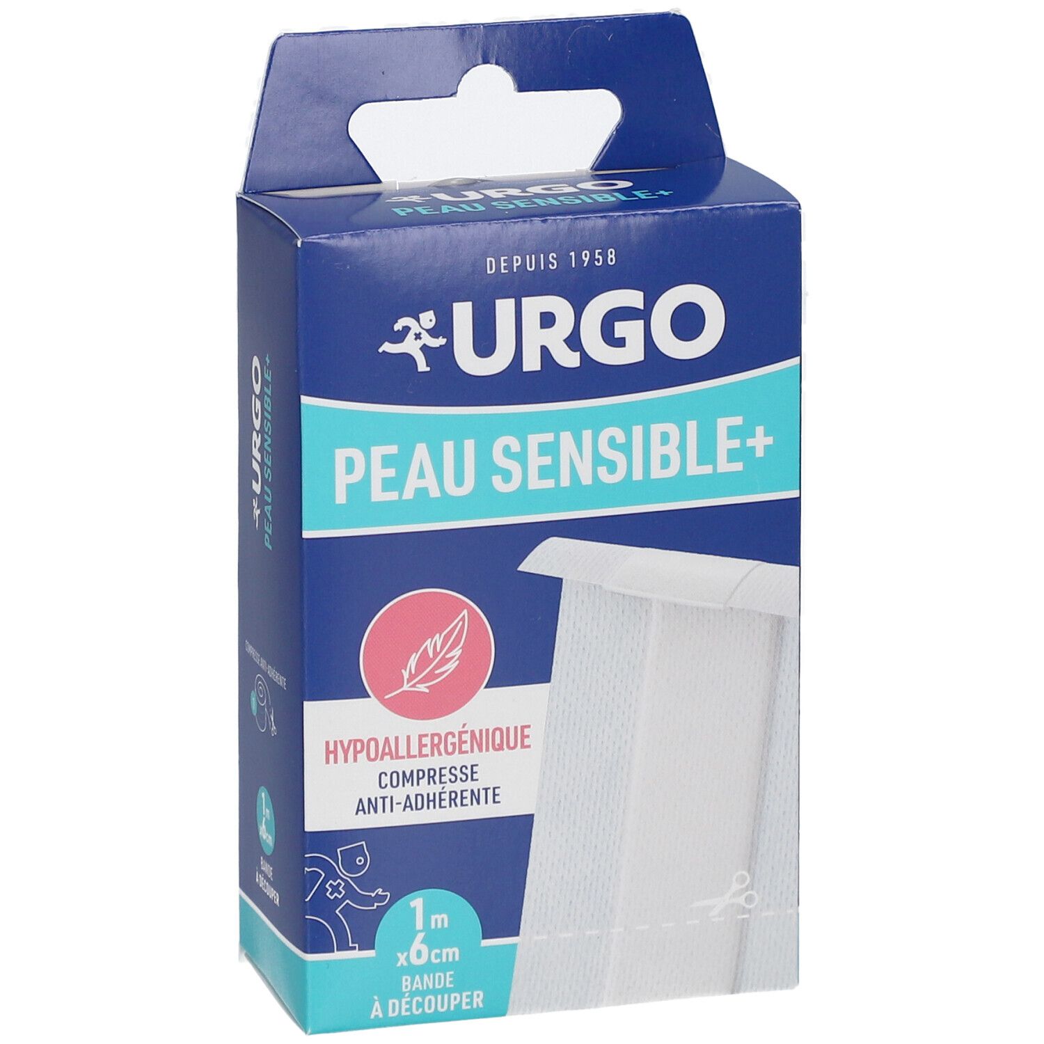 Boîte bleue. URGO, PEAU SENSIBLE+. Compresse anti-adhérente, hypoallergénique. 1m x 6cm. Bande à découper. Vue produit.