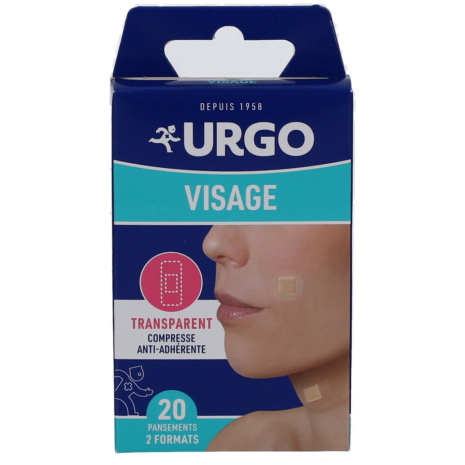 Boîte de pansements URGO VISAGE. 20 pansements transparents anti-adhérents, 2 formats. Visage avec pansements.