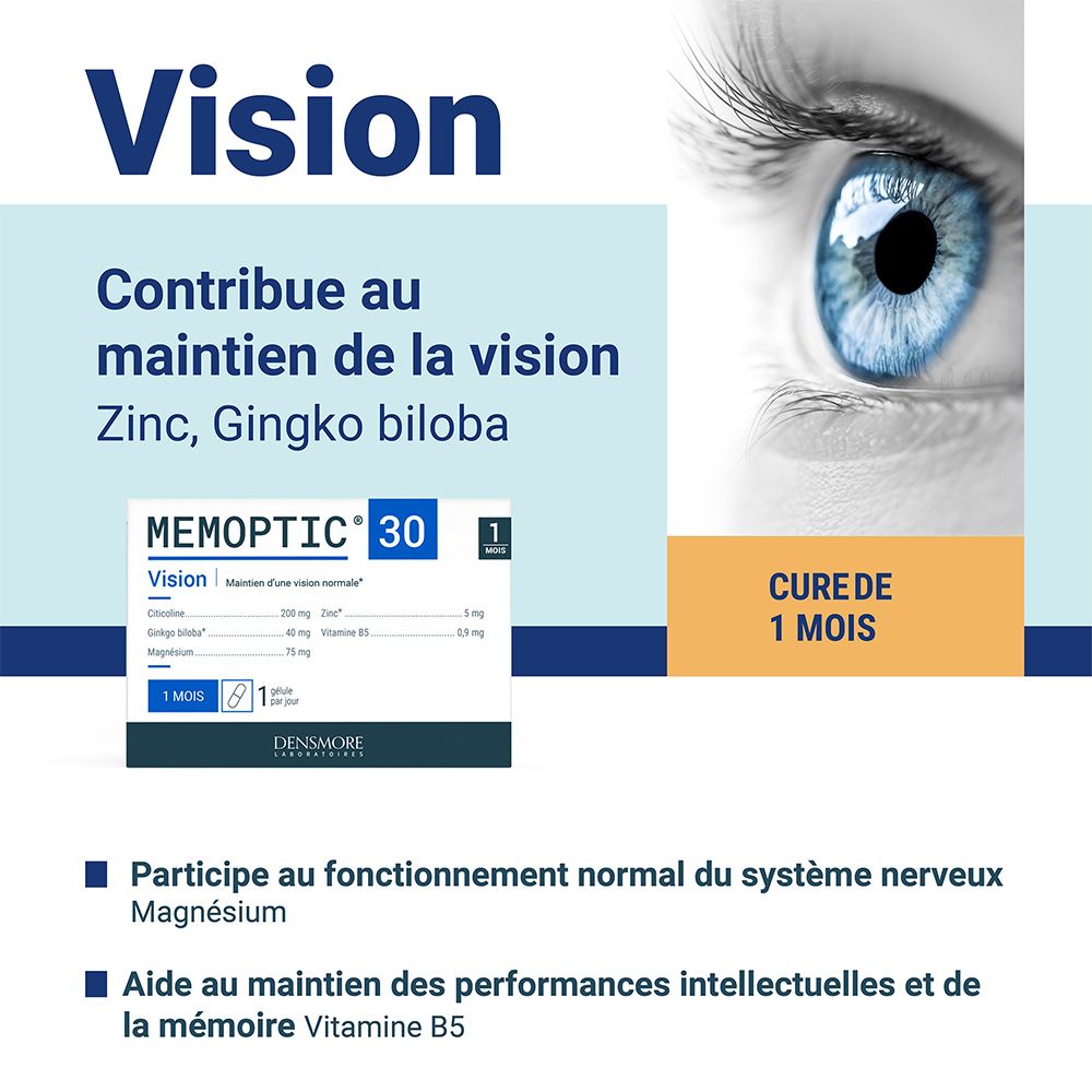 Publicité pour Memoptic 30 Vision. Contient zinc, Ginkgo biloba. Contribue au maintien de la vision. Cure de 1 mois.