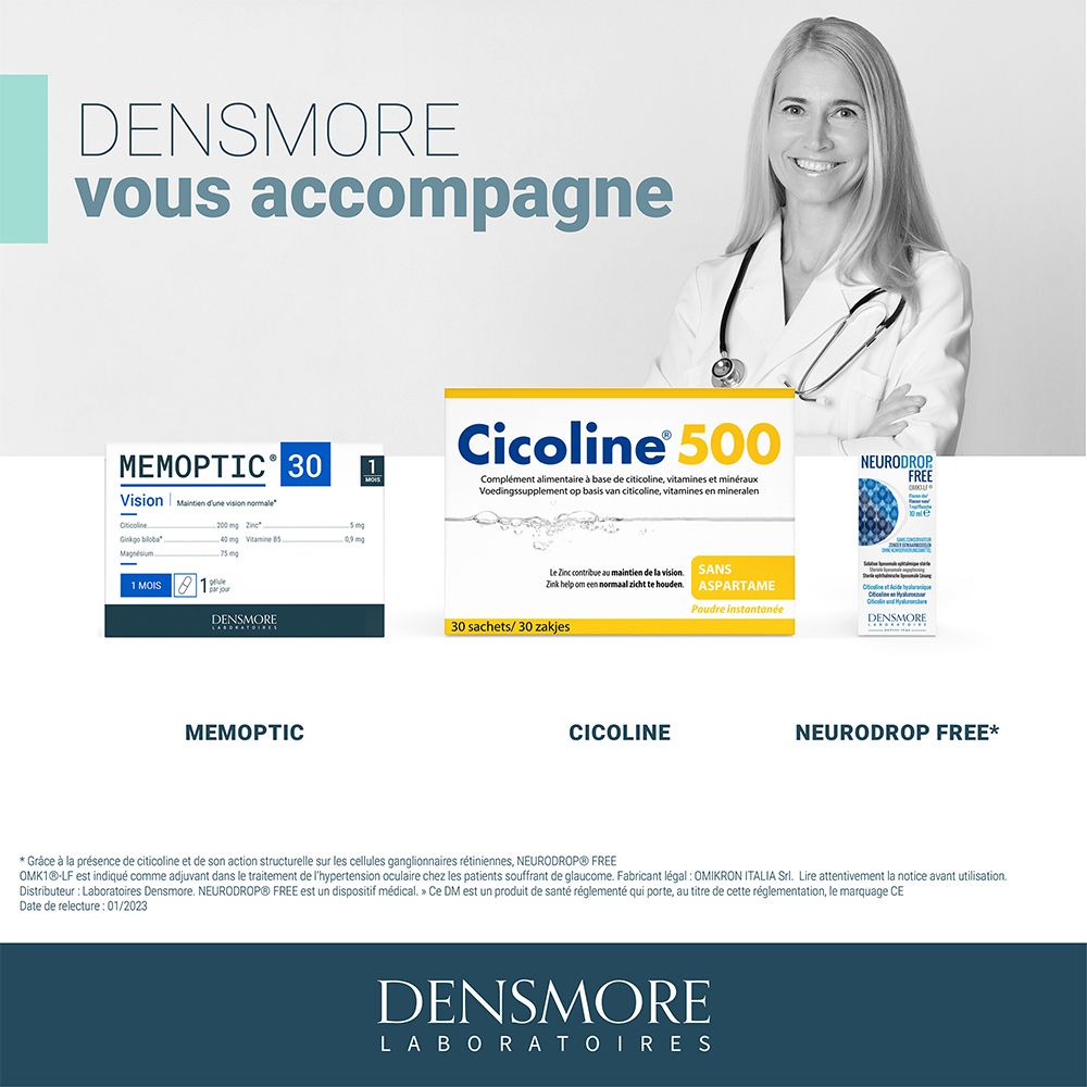 Publicité avec des produits Densmore. Contient Memoptic, Cicoline et Neurodrop Free. Une femme en blouse blanche.