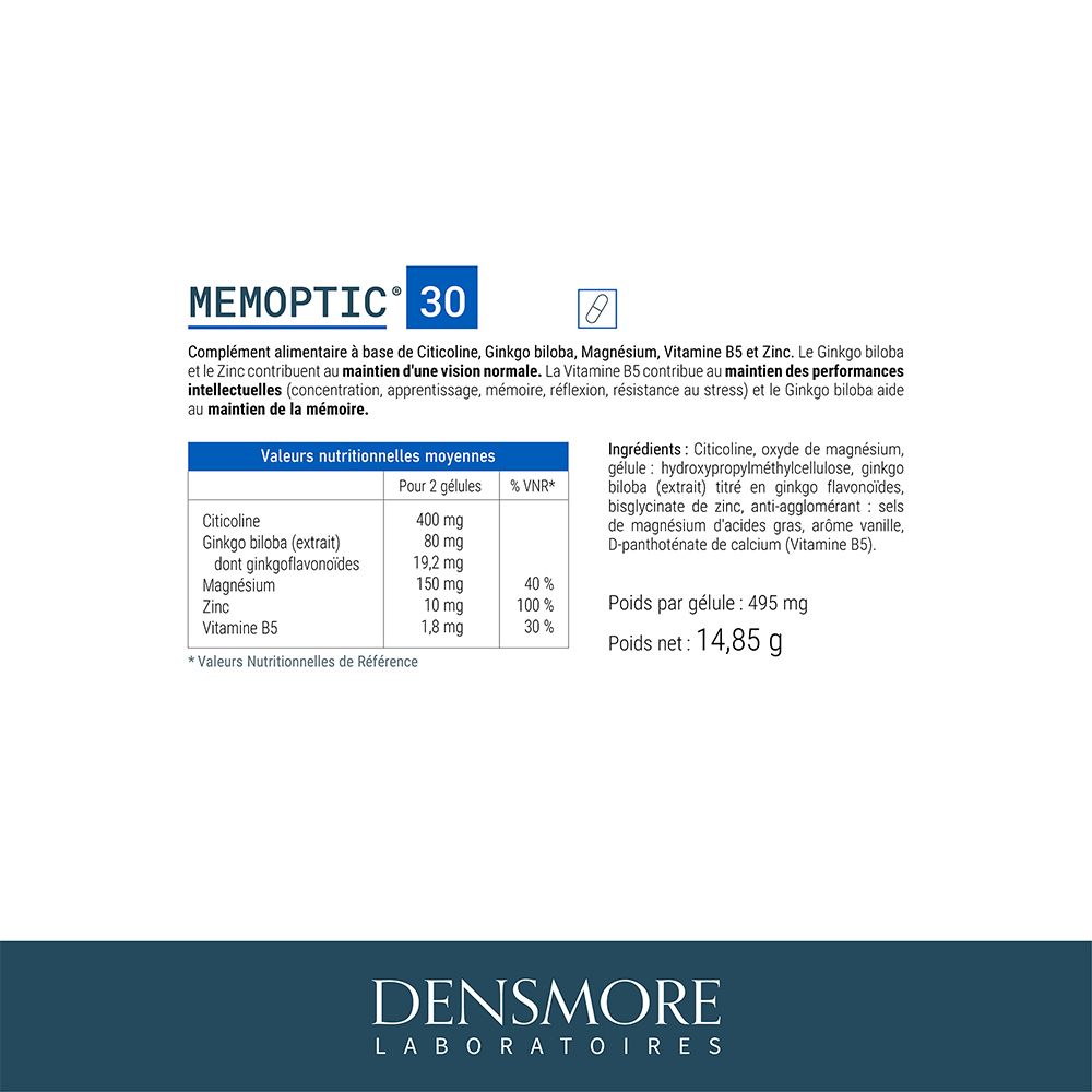 Informations nutritionnelles pour Memoptic 30 Vision. Contient citicoline, Ginkgo biloba, magnésium, zinc et vitamine B5. 2 gélules.