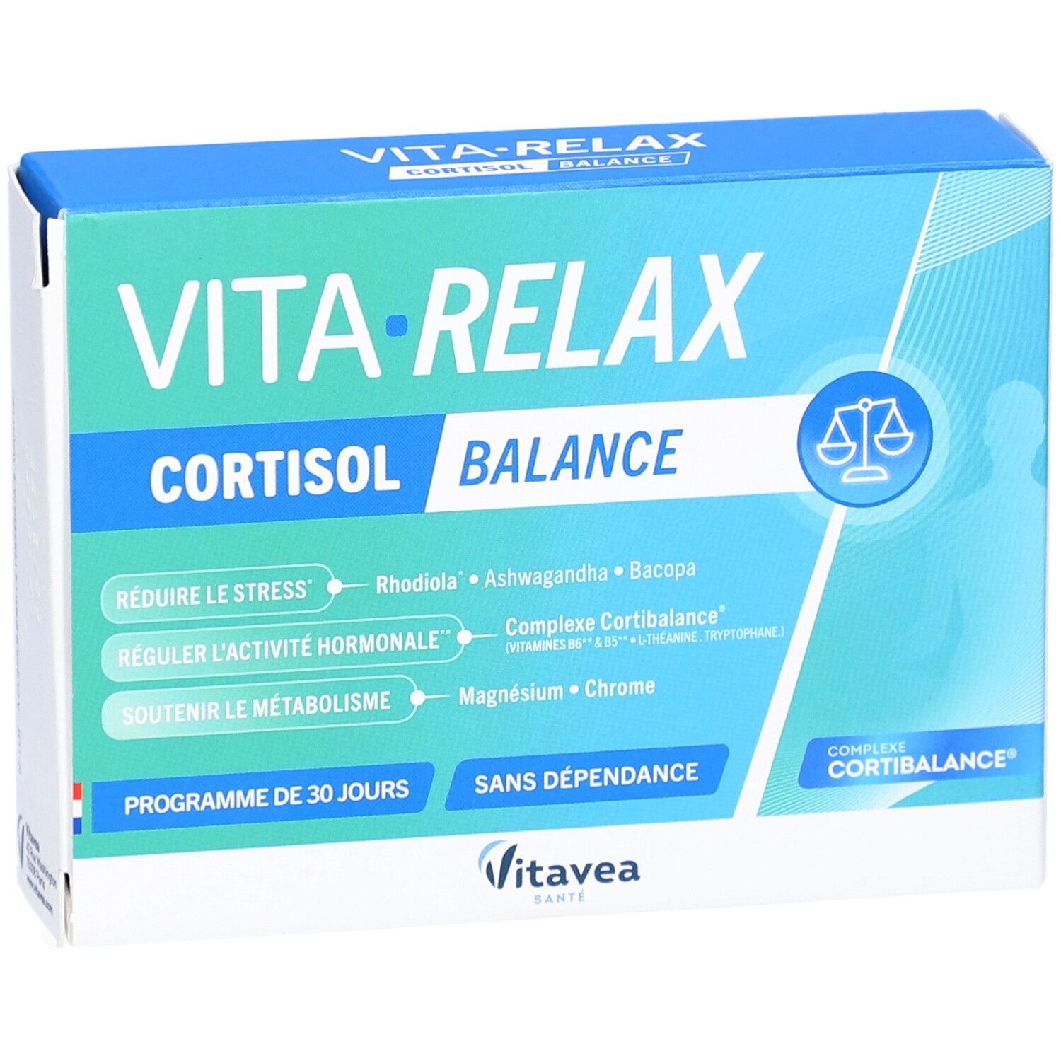 Emballage VITAVEA VITA'RELAX GELUL 30. Boîte bleue avec nom du produit, ingrédients et logo.