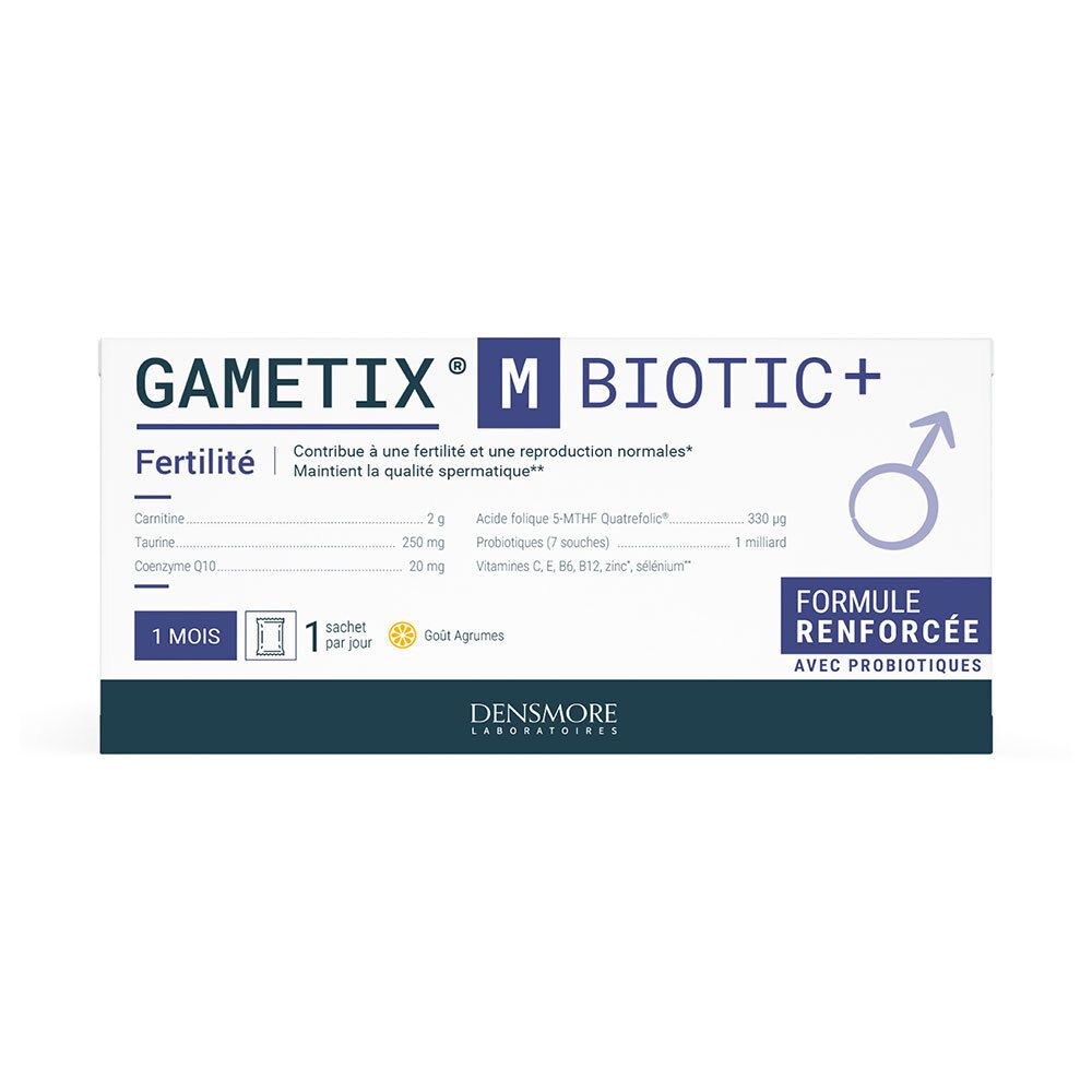 Boîte de Gametix M Biotic+ avec informations produit et logo.
